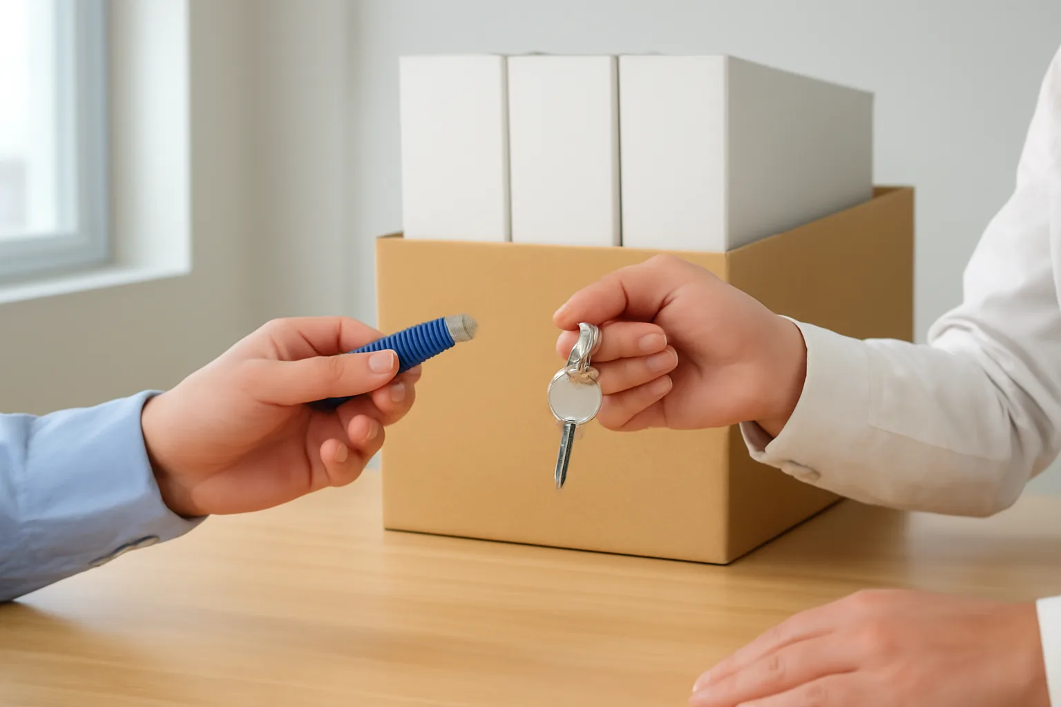 Kế toán sắp nghỉ và người kế nhiệm trao nhau thiết bị chữ ký số bên thùng hồ sơ trên bàn