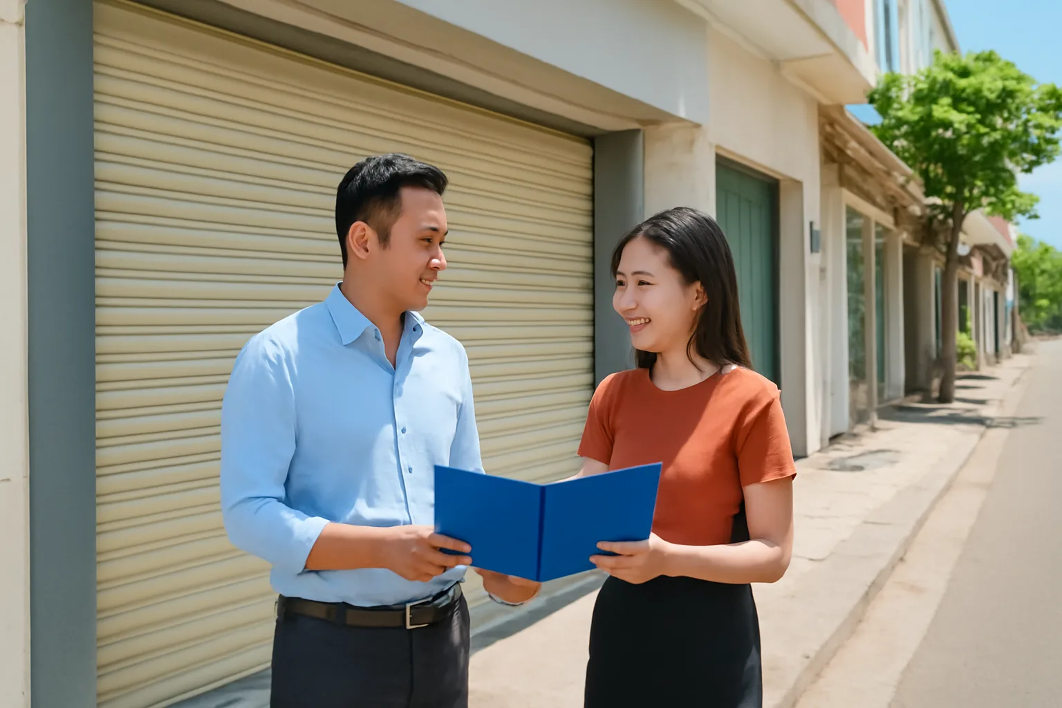 Nhân viên công ty đứng trước cửa một văn phòng chi nhánh đã đóng ở thị trấn tỉnh lẻ