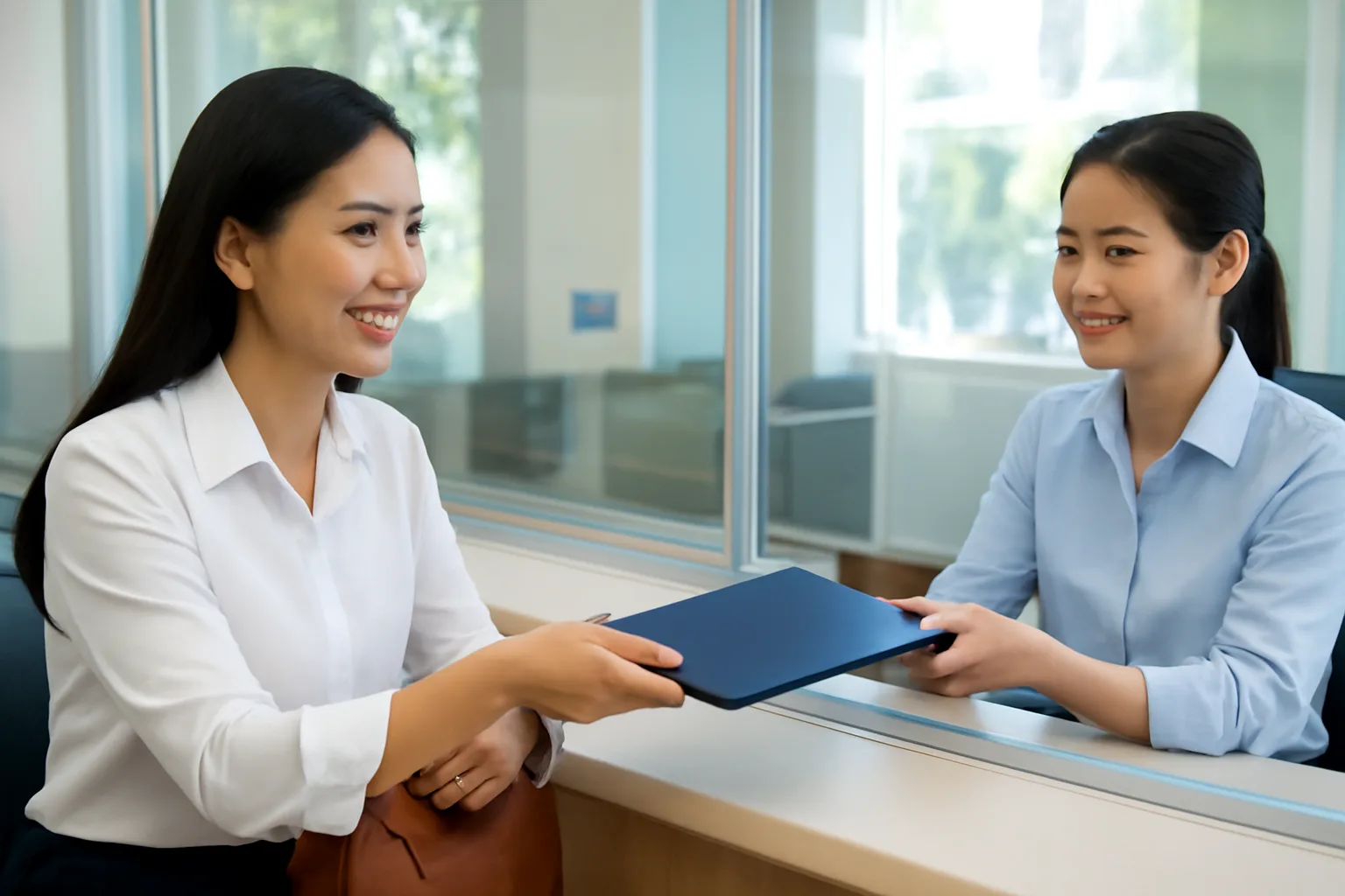Chủ doanh nghiệp ngồi ở quầy giao dịch ngân hàng, đưa tập hồ sơ cho giao dịch viên
