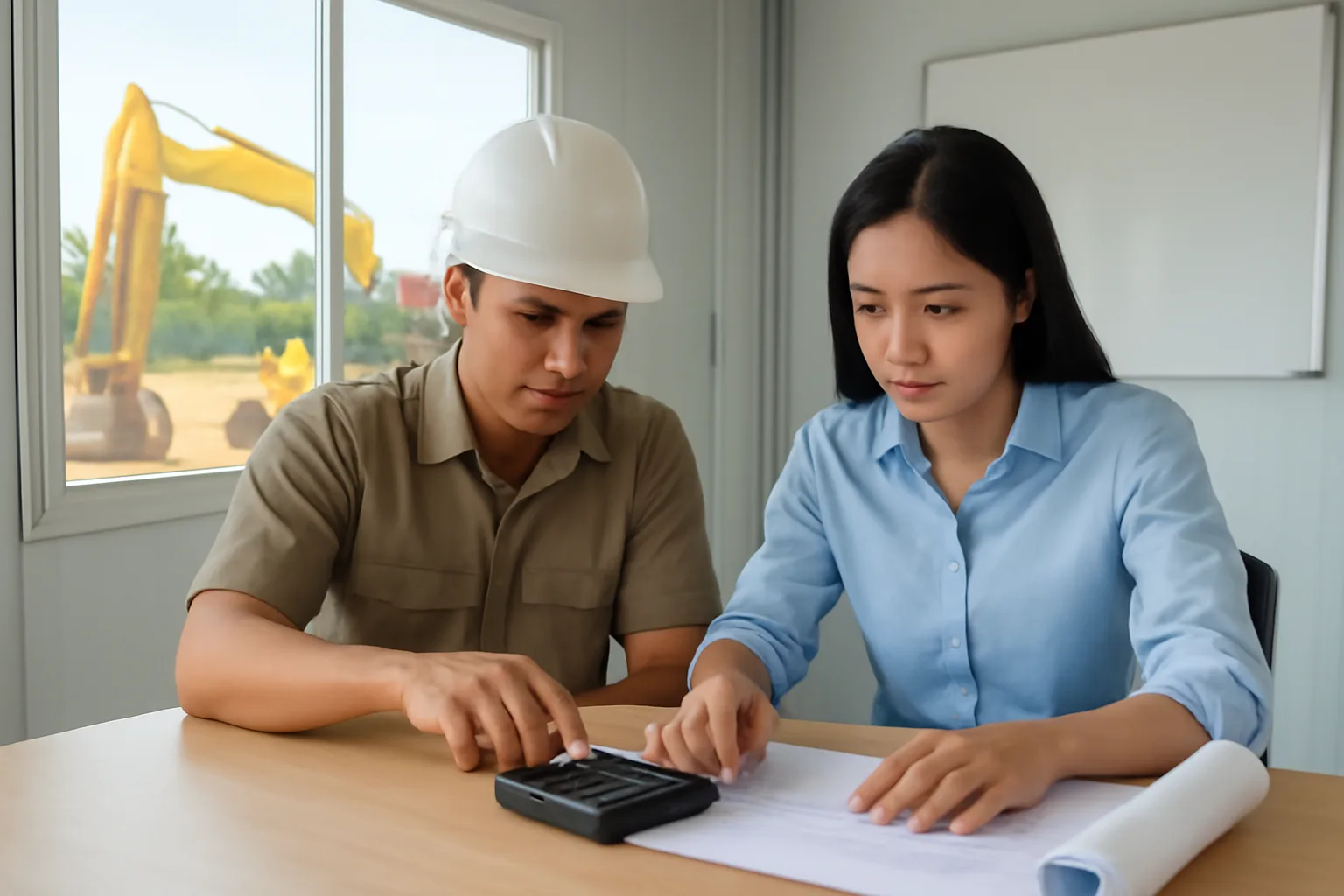 Giám đốc công ty xây dựng và kế toán tính toán dòng tiền bên bàn trong văn phòng công trường