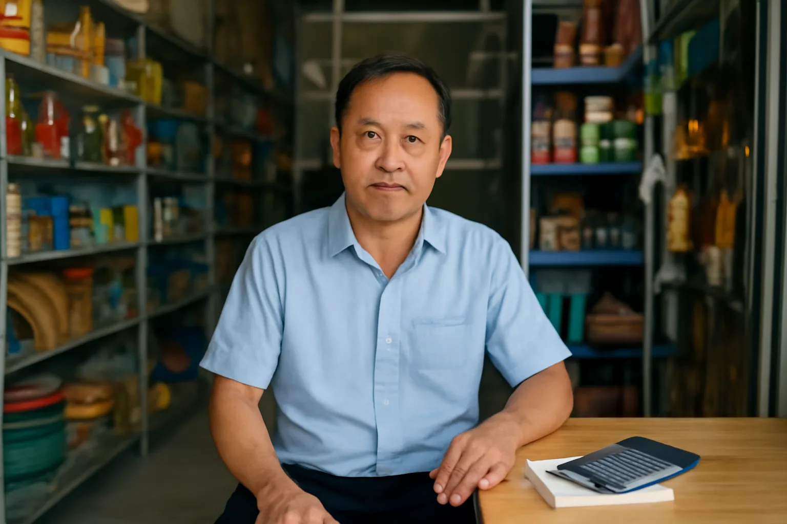 Chủ tiệm tạp hoá nhỏ ngồi sau quầy xem điện thoại, bên cạnh hộp đựng hoá đơn và máy tính bỏ túi