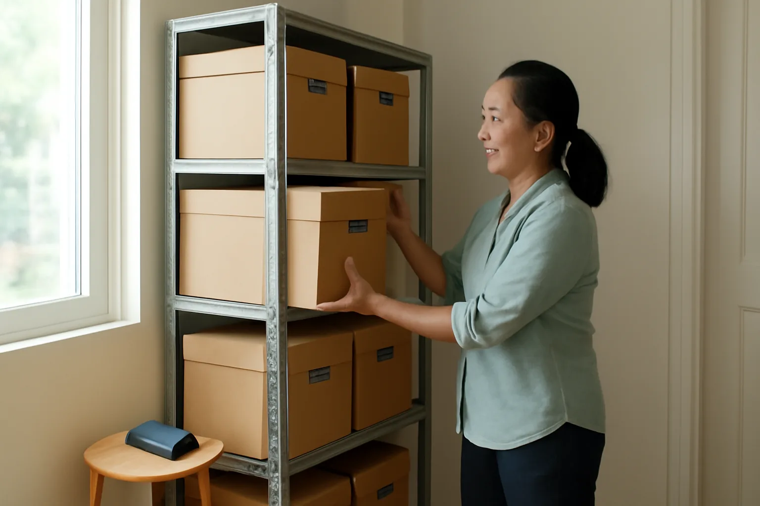 Người phụ nữ xếp các hộp lưu trữ đã dán kín lên kệ trong phòng kho nhỏ tại nhà