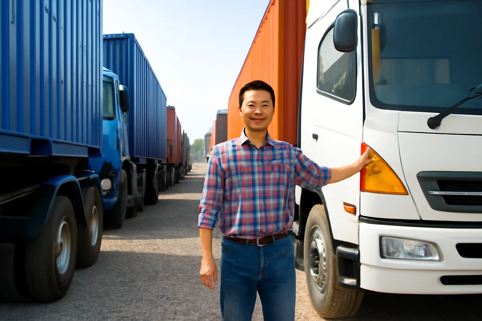 Chủ công ty vận tải đứng giữa hai hàng xe tải trong bãi, cân nhắc bán bớt đội xe