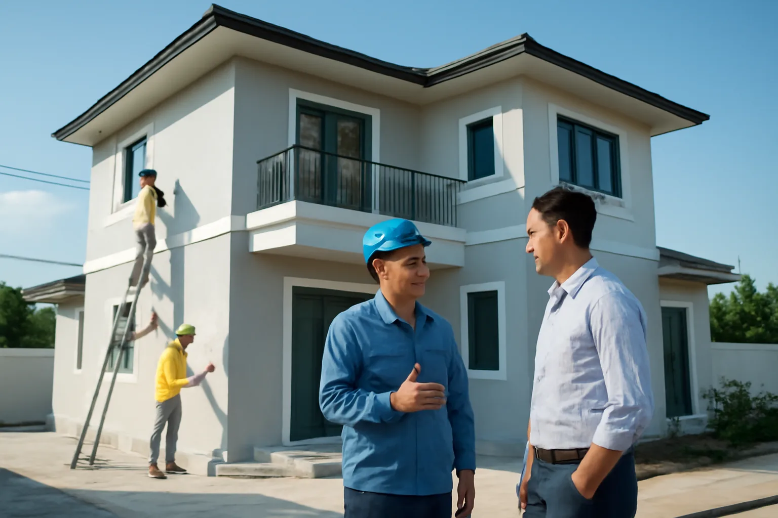 Giám đốc công ty xây dựng trao đổi với đại diện chủ đầu tư tại công trình đang hoàn thiện