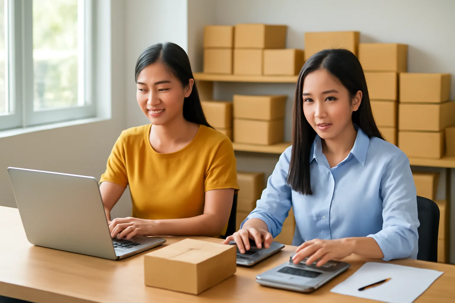 Chủ cửa hàng trực tuyến và kế toán mới cùng rà danh sách tài khoản quản lý bán hàng