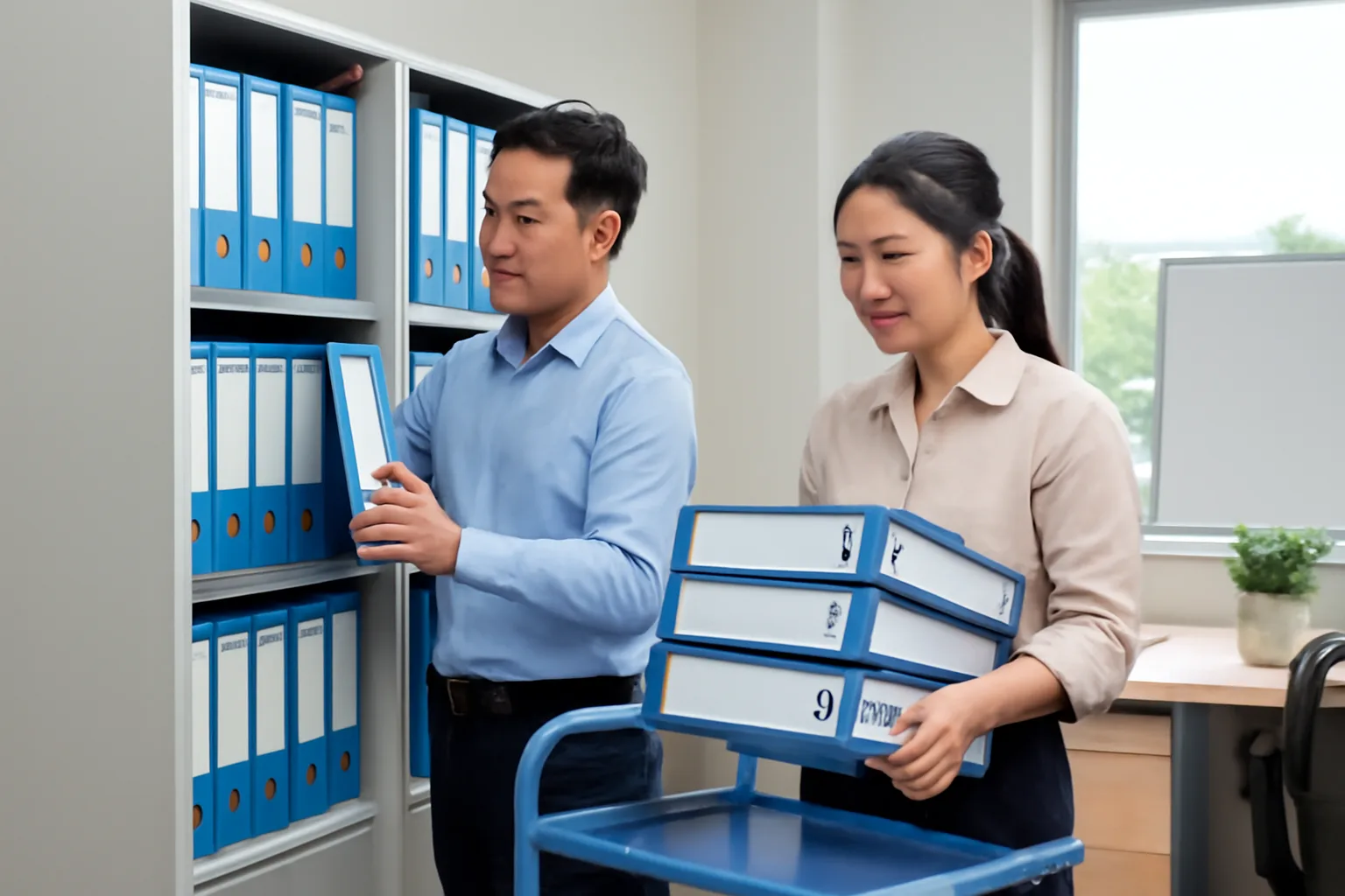 Nhân viên nhân sự và kế toán cùng đối chiếu bảng lương in sẵn trên bàn trong văn phòng