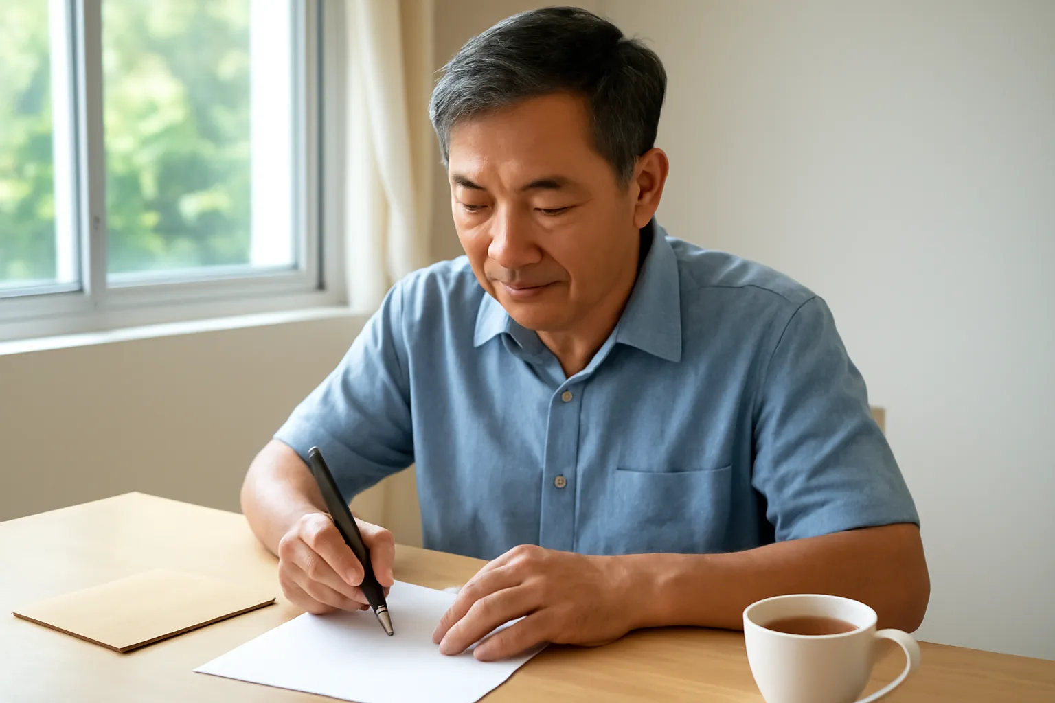 Người đàn ông mặc áo thường ngồi bàn làm việc tại nhà ký một lá thư, bên cạnh phong bì và tách trà