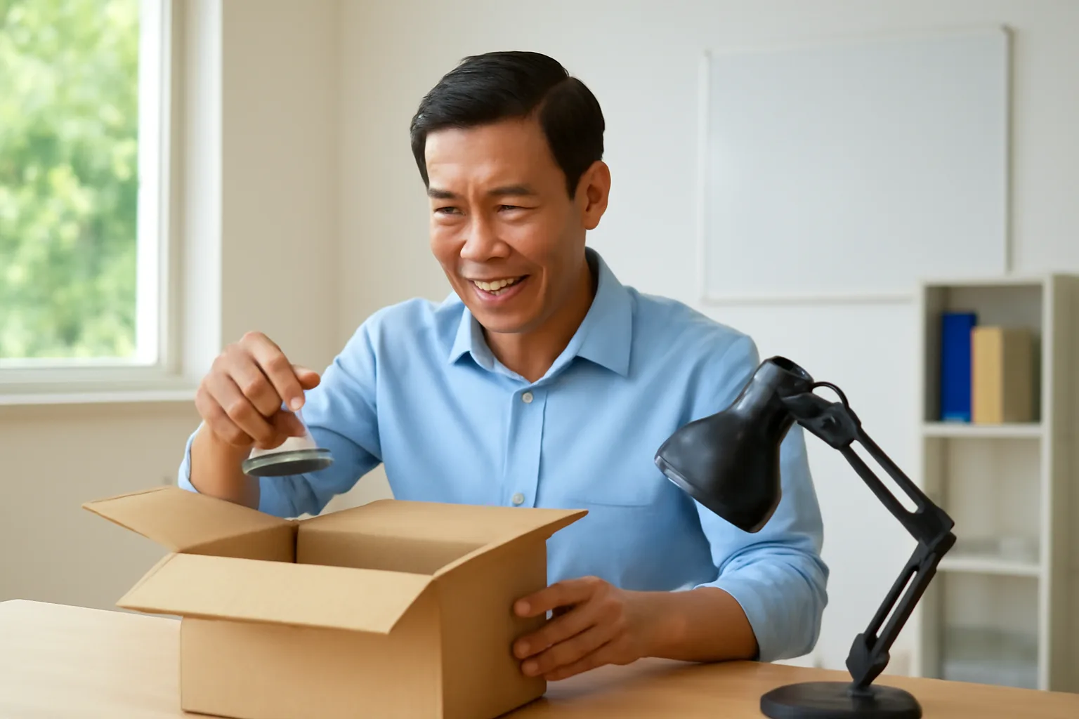 Chủ doanh nghiệp mở lại thùng các tông chứa đồ văn phòng đã đóng gói, đặt con dấu lên bàn
