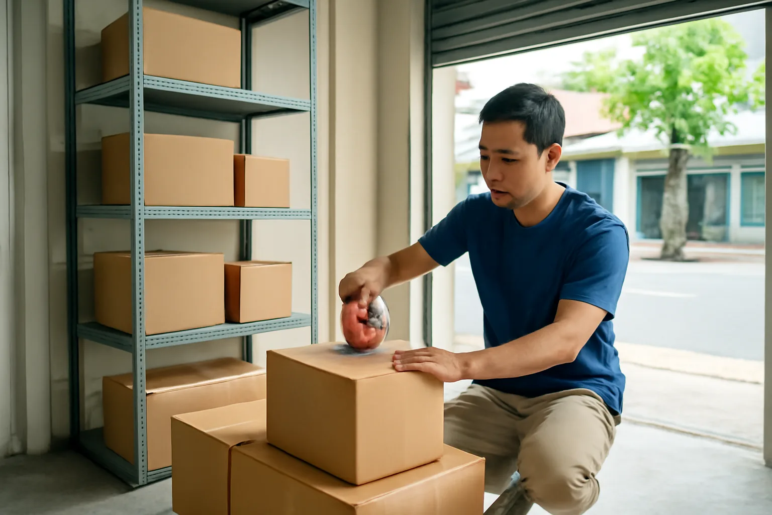 Chủ cửa hàng đang đóng gói những thùng hàng cuối cùng trong kho gần trống