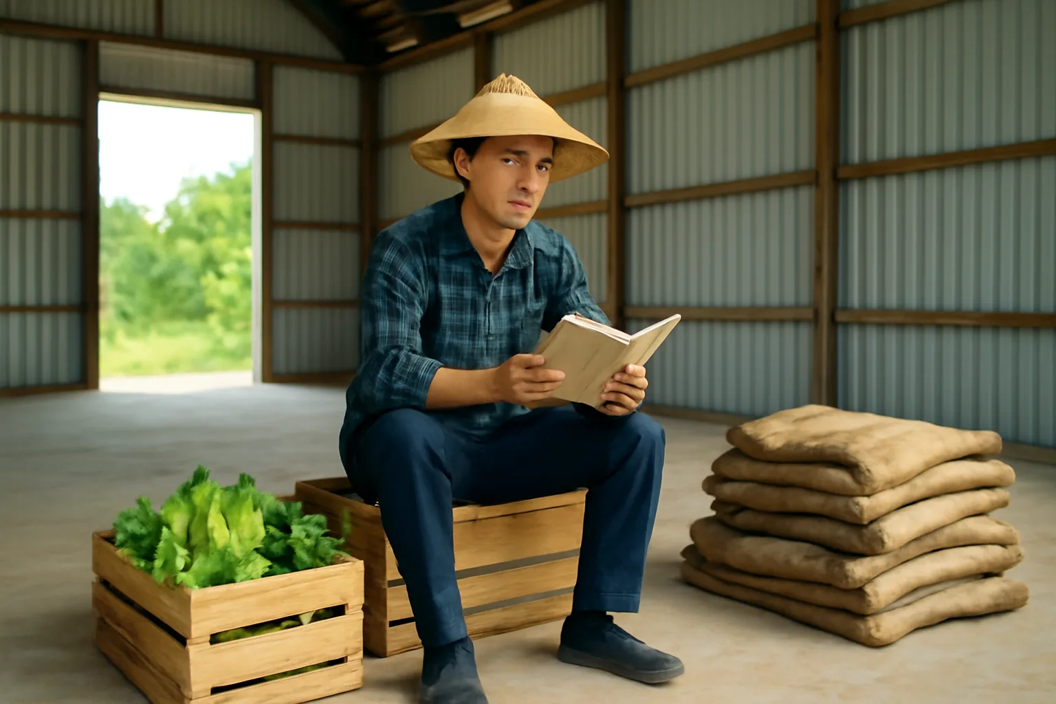 Chủ cơ sở nông sản rà sổ sách trong kho trống sau mùa thu hoạch, bao tải gấp gọn một góc