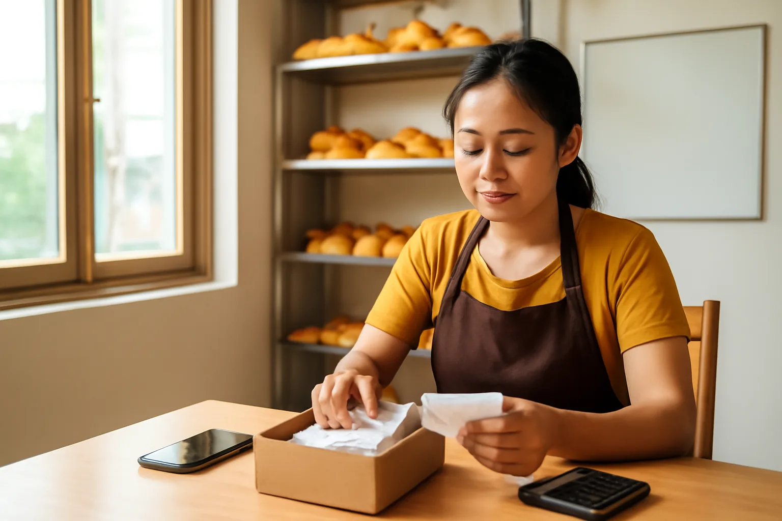 Chủ tiệm bánh nhỏ ngồi bàn phía sau cửa hàng xếp chứng từ vào hộp cạnh điện thoại và máy tính bỏ túi