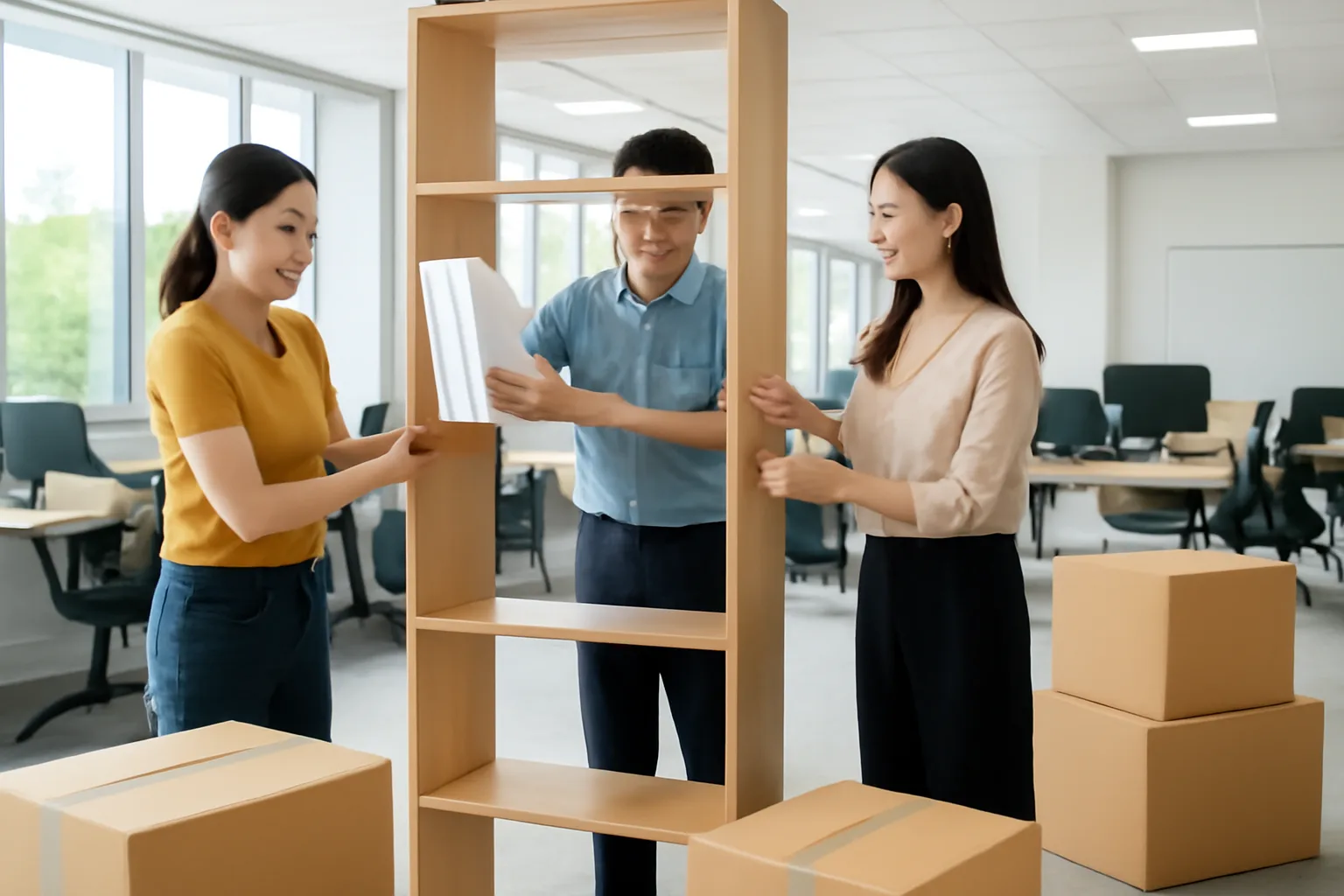 Nhóm nhân viên trẻ sắp xếp lại các kệ hồ sơ trong văn phòng mới mở rộng, thùng các tông chưa mở
