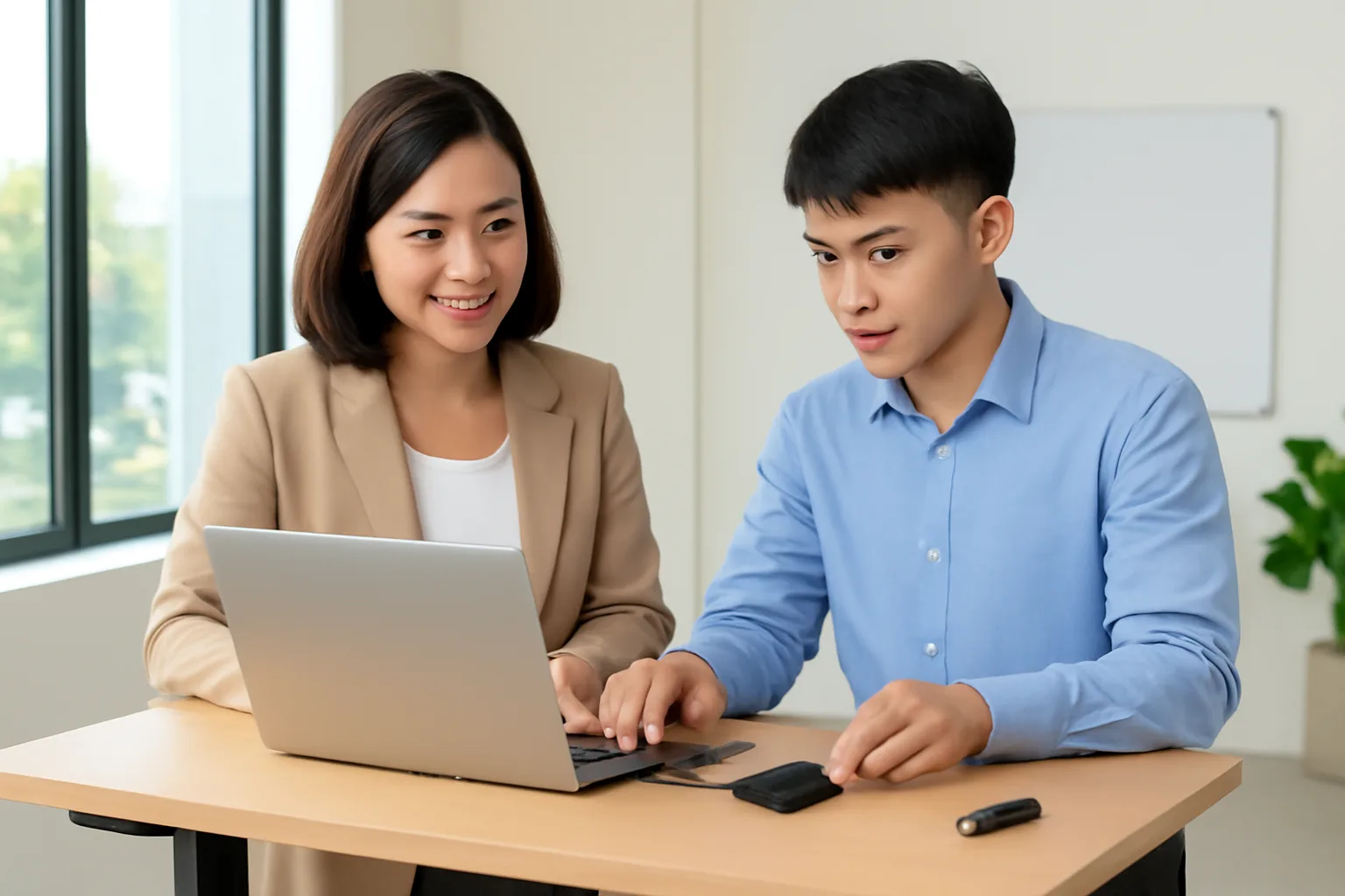 Chủ doanh nghiệp và nhân viên cắm ổ cứng ngoài vào máy tính xách tay để sao lưu dữ liệu kế toán