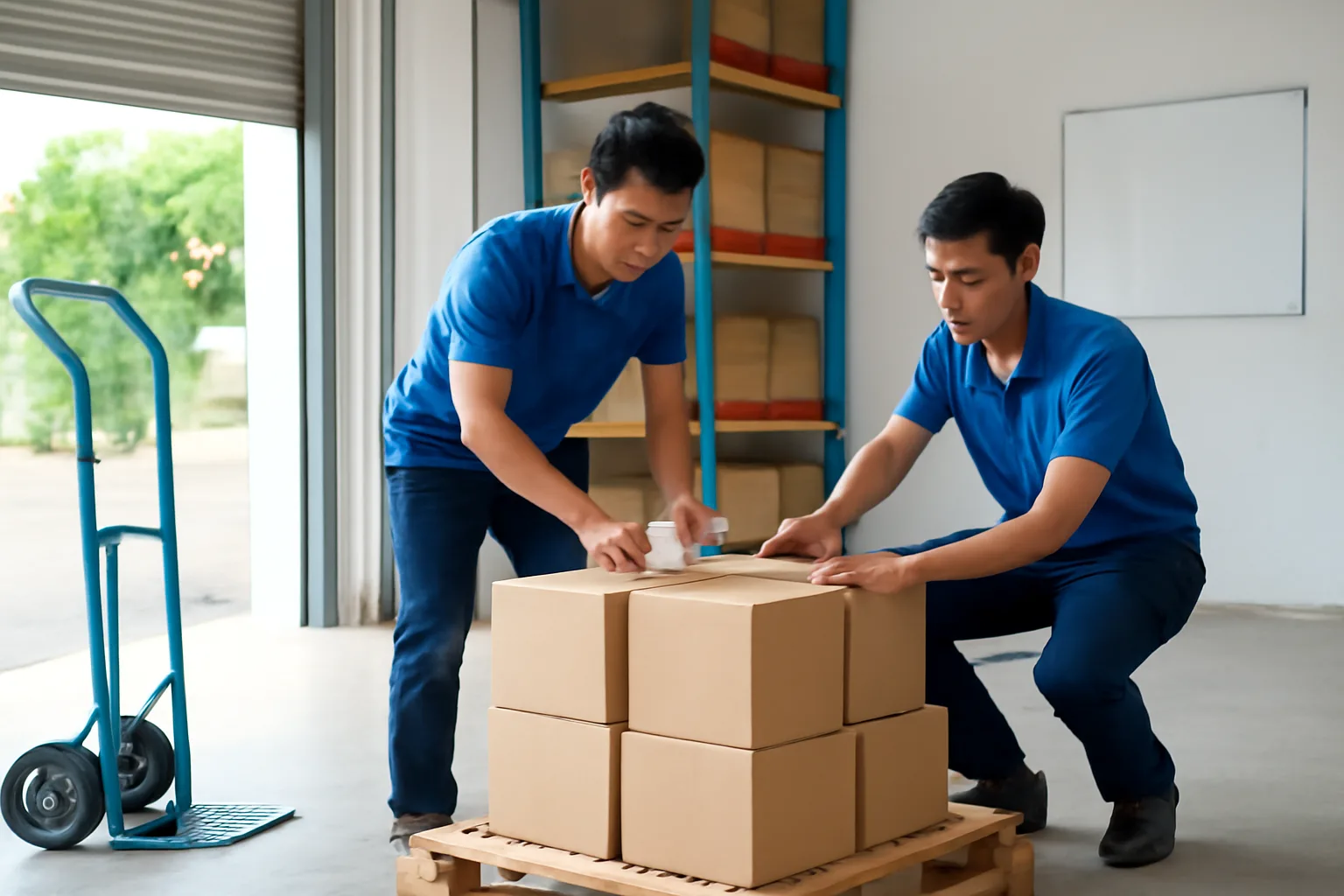 Hai nhân viên kiểm đếm thùng hàng trong kho chi nhánh trước khi chuyển về trụ sở công ty