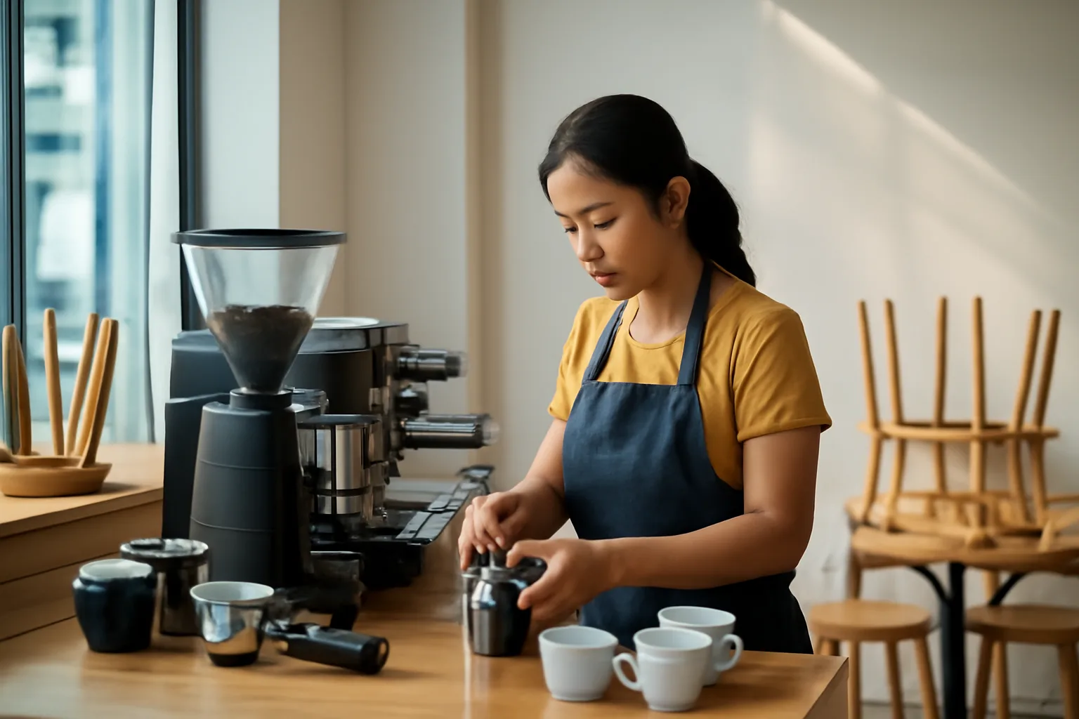 Chủ quán cà phê kiểm kê máy pha và dụng cụ trước ngày trả mặt bằng