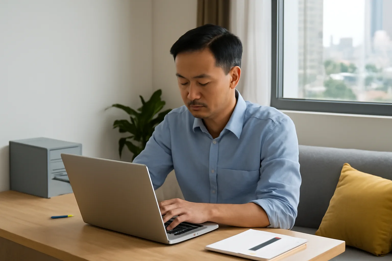 Người đàn ông làm việc một mình tại góc làm việc trong căn hộ, bên cạnh tủ hồ sơ nhỏ