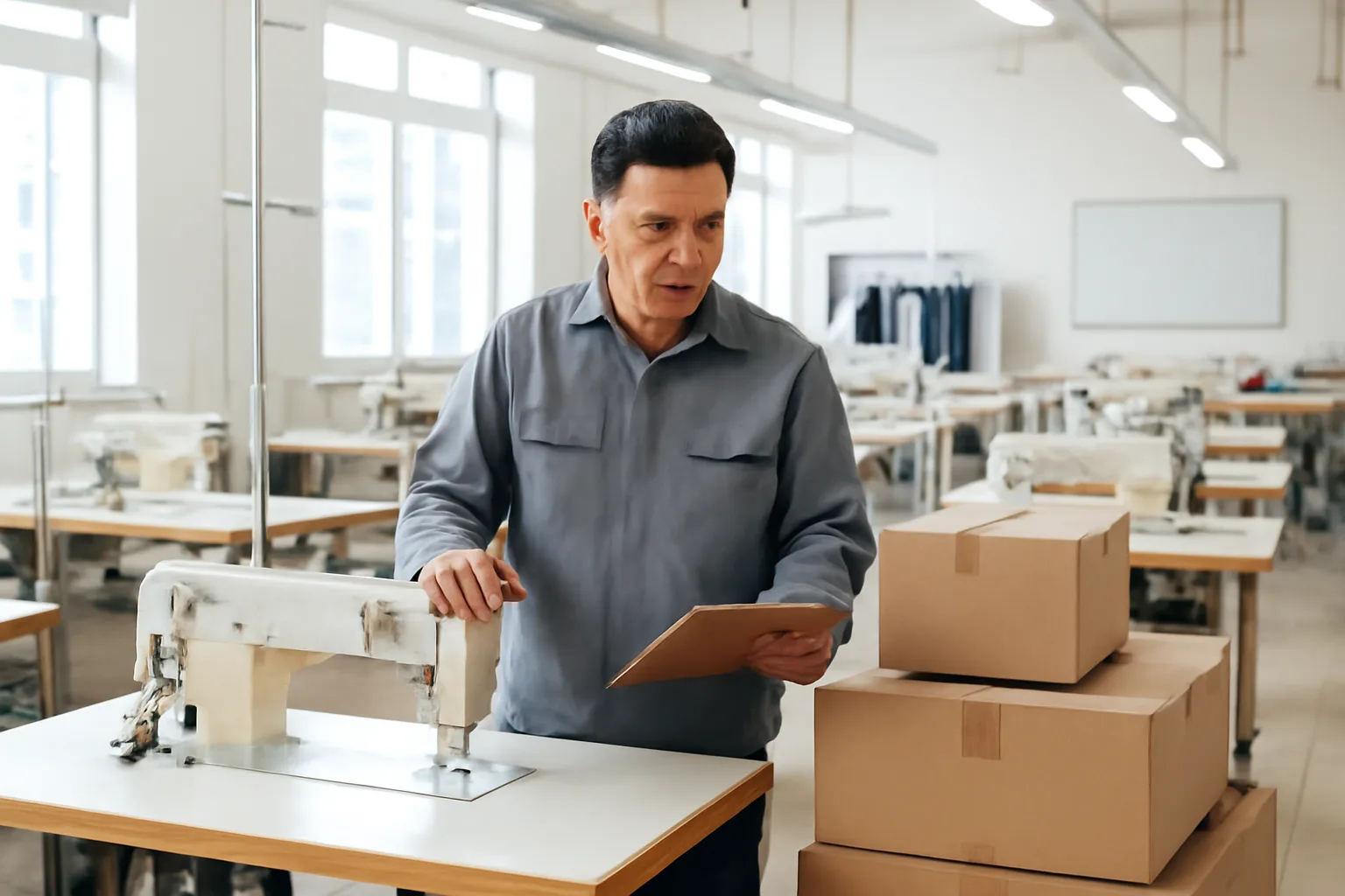 Nhân viên kiểm đếm máy móc và thùng hàng còn lại trong xưởng trước khi thanh lý