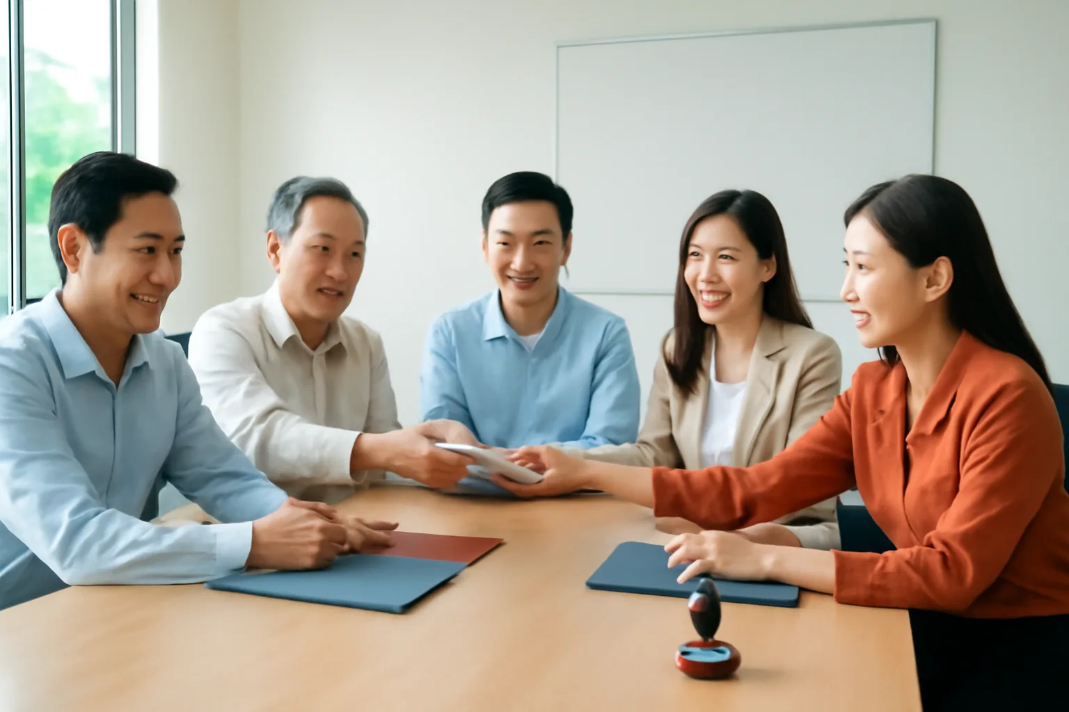 Các cổ đông công ty cổ phần nhỏ ngồi quanh bàn họp ký biên bản, trên bàn là con dấu và cặp hồ sơ