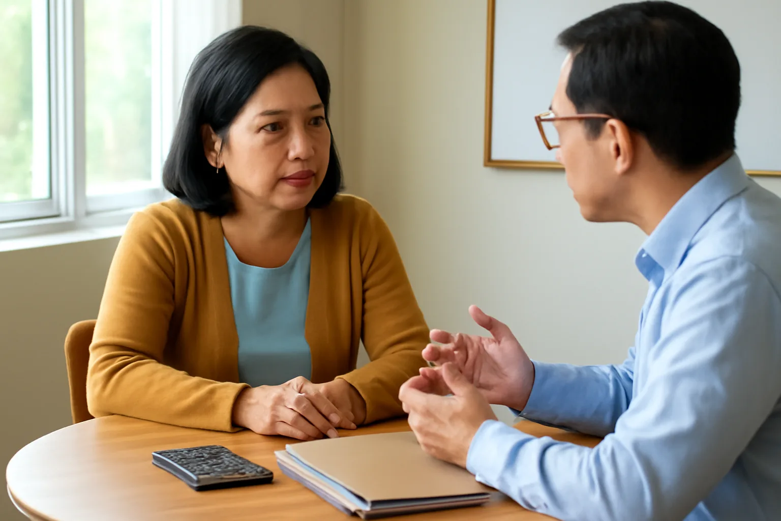 Nữ chủ doanh nghiệp trung niên trao đổi nghiêm túc với người tư vấn bên bàn tròn có máy tính bỏ túi