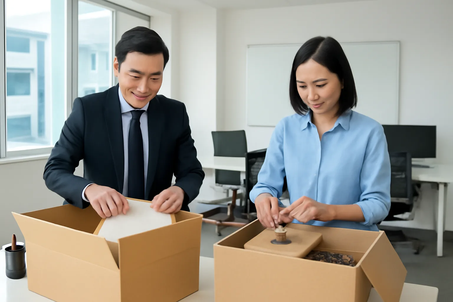Hai người cùng đóng gói thiết bị văn phòng vào thùng các-tông trong một văn phòng đang dọn trống