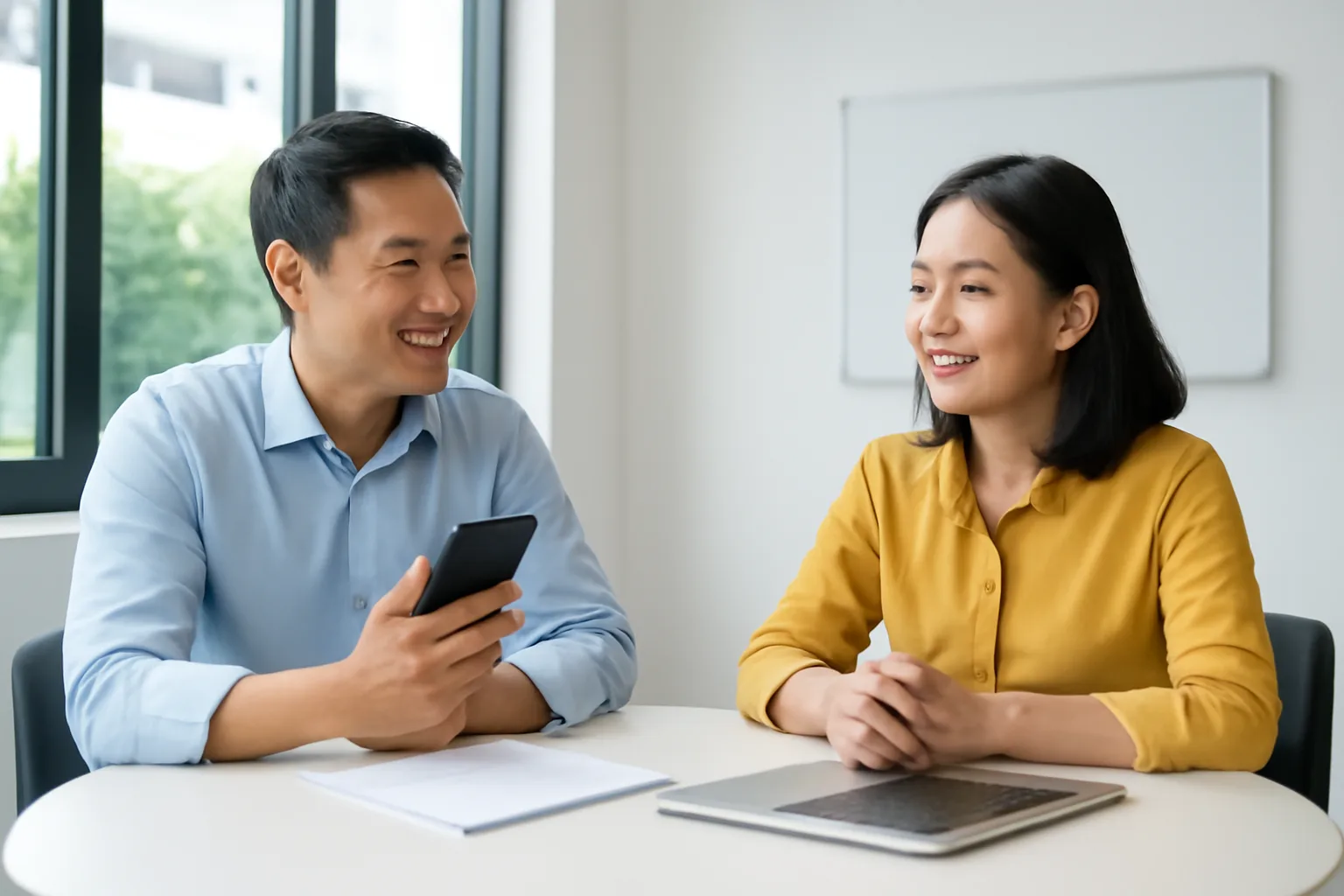 Hai thành viên công ty ngồi bàn bạc bên bàn tròn, trước mặt là điện thoại và xấp hồ sơ