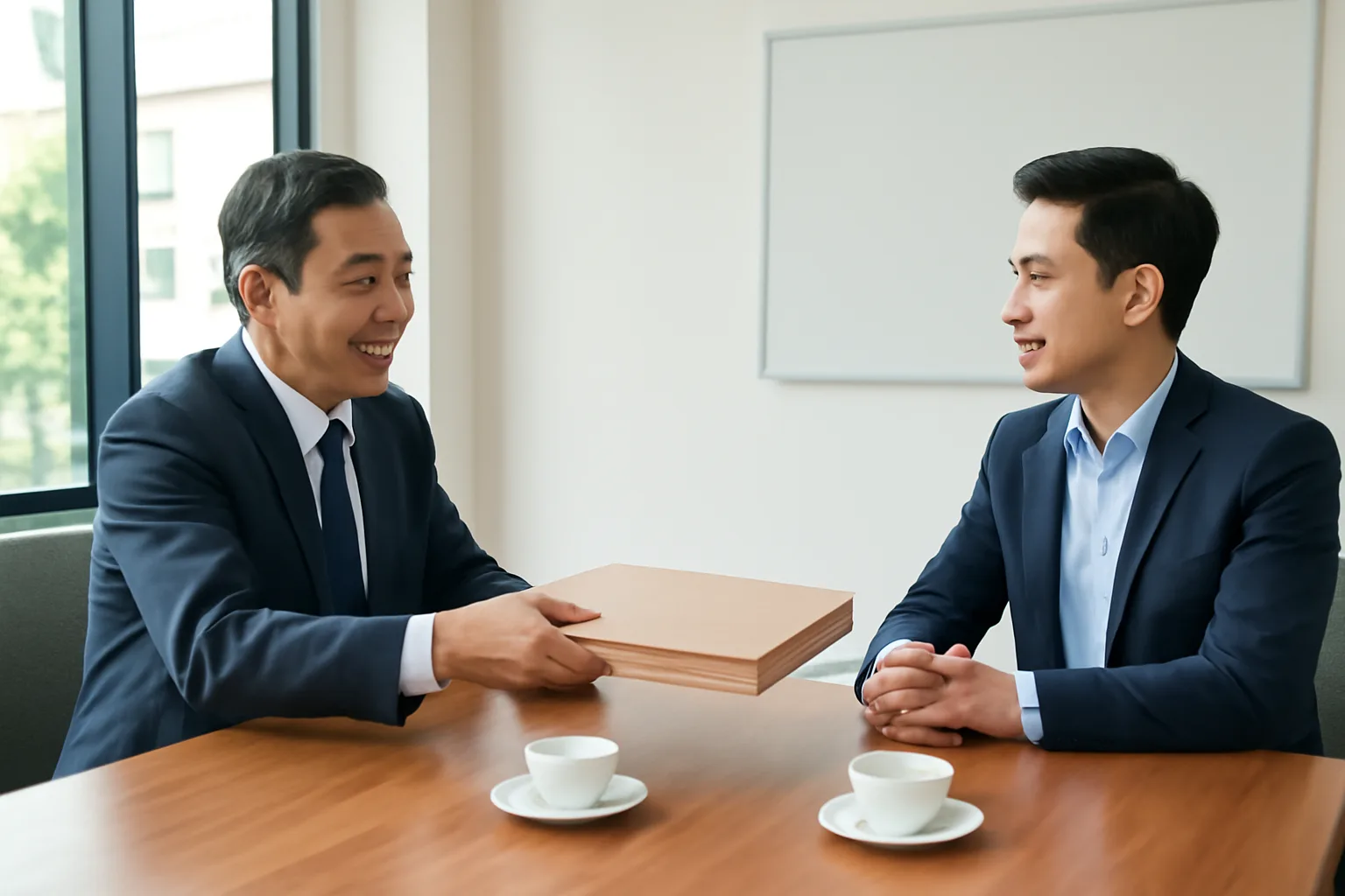Chủ doanh nghiệp và người mua tiềm năng trao đổi bên bàn họp với hai bộ hồ sơ