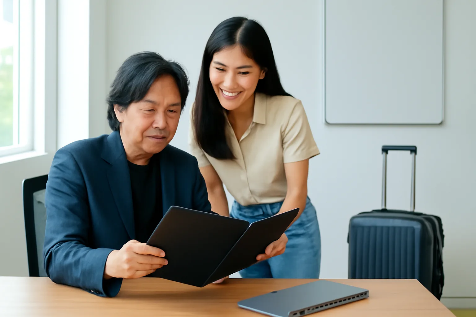 Giám đốc người nước ngoài và trợ lý người Việt rà danh sách việc cần làm trong phòng làm việc có vali kéo