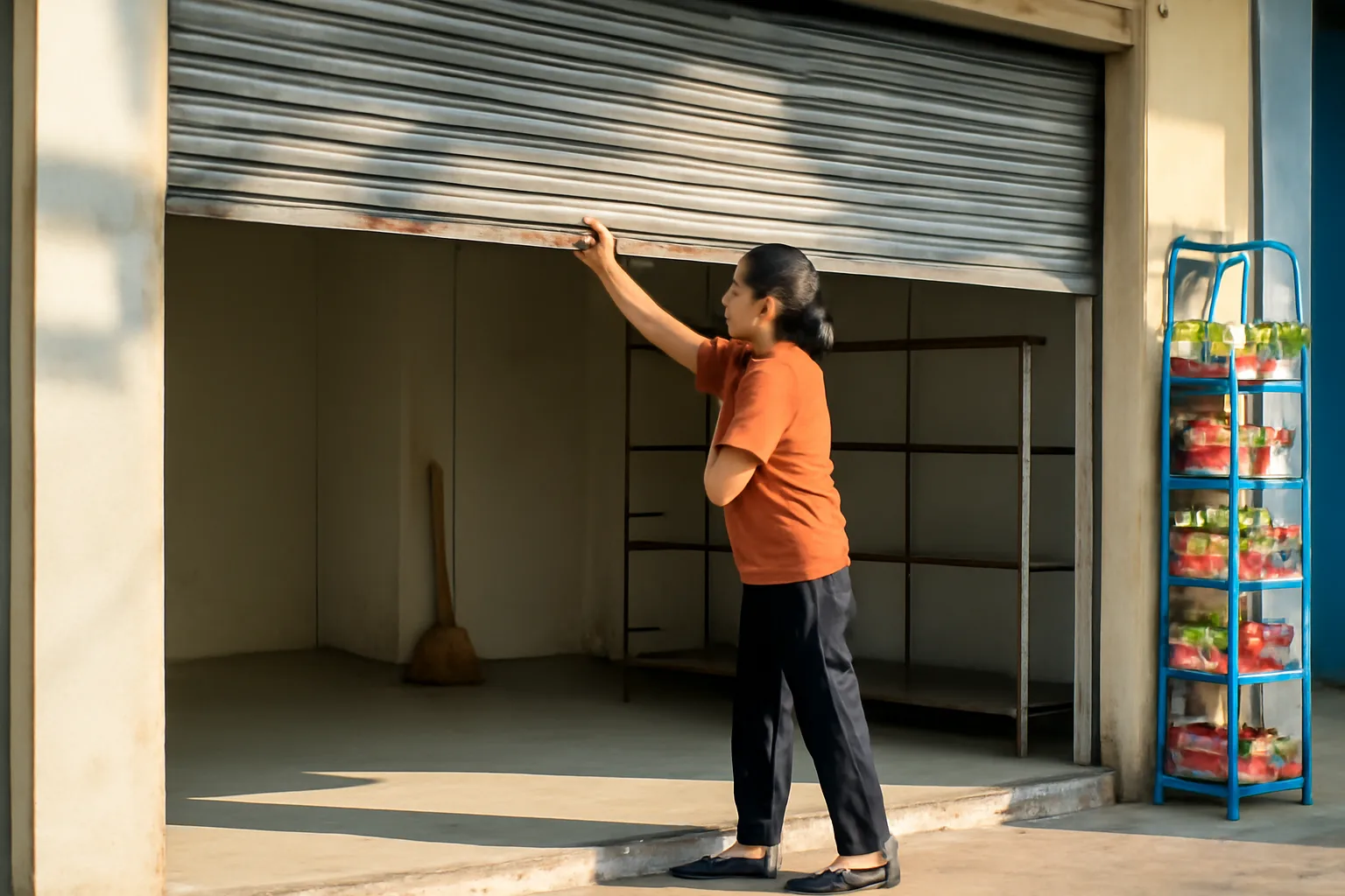Chị chủ quầy tạp hoá mở lại cửa cuốn, lau quầy hàng sau thời gian dài nghỉ bán