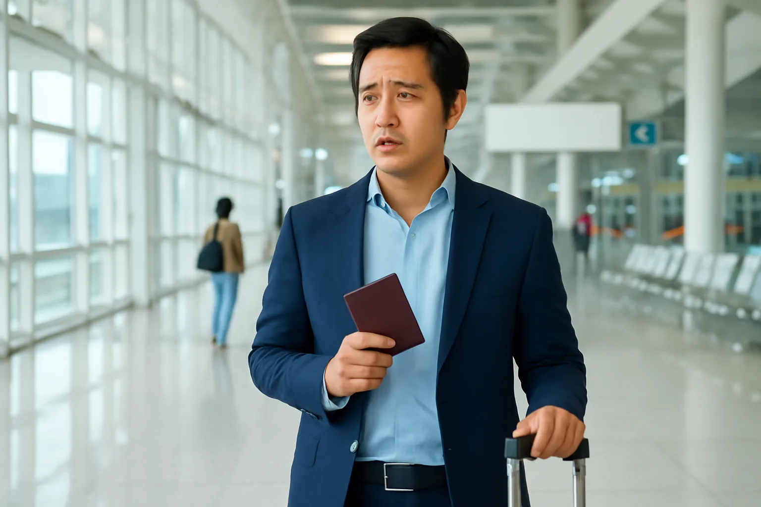 Doanh nhân kéo vali nhỏ dừng lại ở sảnh sân bay, tay cầm hộ chiếu gập kín