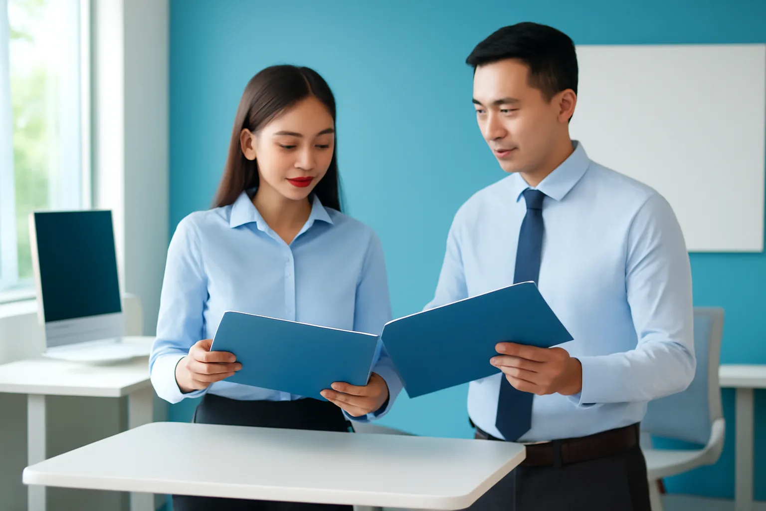 Kế toán và trưởng phòng kinh doanh đứng bên bàn cao so hai cặp hồ sơ trong văn phòng tông xanh