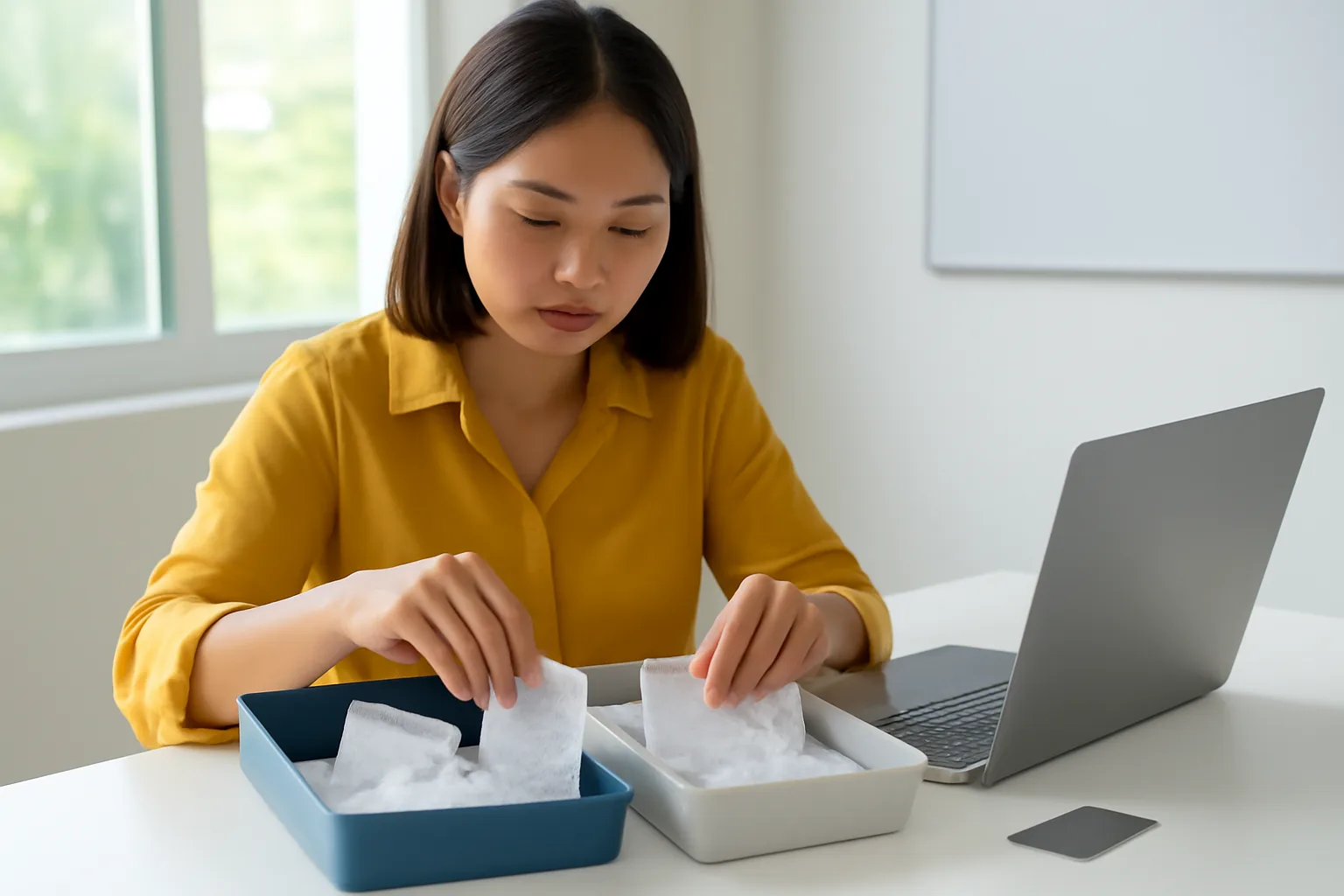 Nhân viên kế toán tách riêng xấp hoá đơn mua hàng và biên lai trên bàn cạnh chiếc máy tính xách tay mới