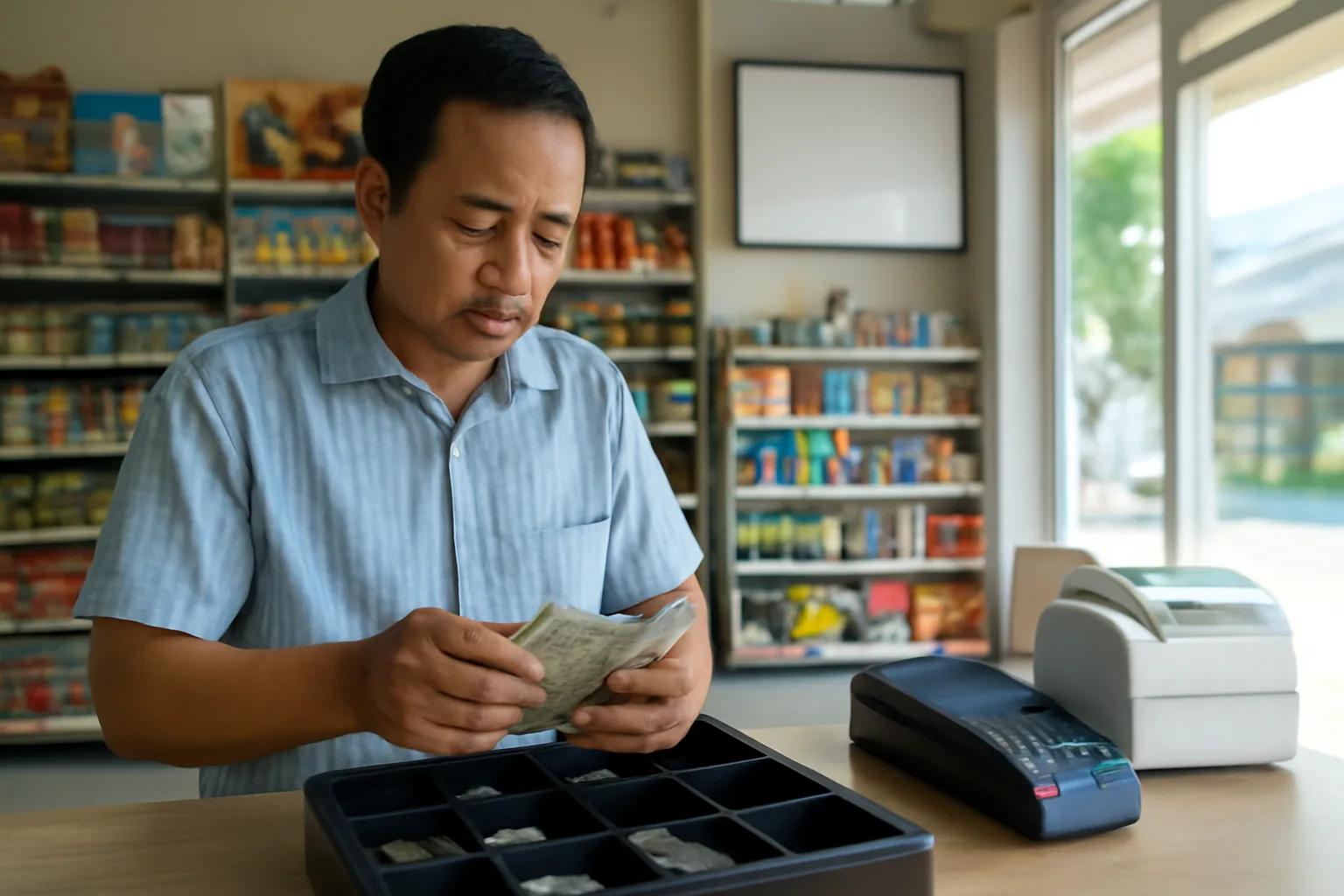 Chủ cửa hàng tiện lợi đếm tiền trong ngăn kéo quầy thu ngân sau giờ đóng cửa, bên cạnh máy quẹt thẻ