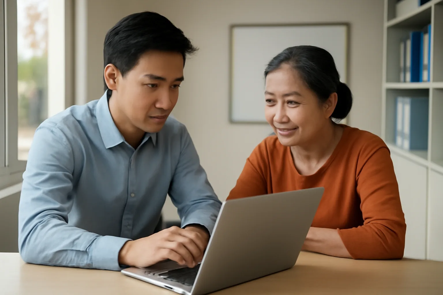 Chủ doanh nghiệp và kế toán mới cùng xem lại hộp thư điện tử cũ trên máy tính xách tay