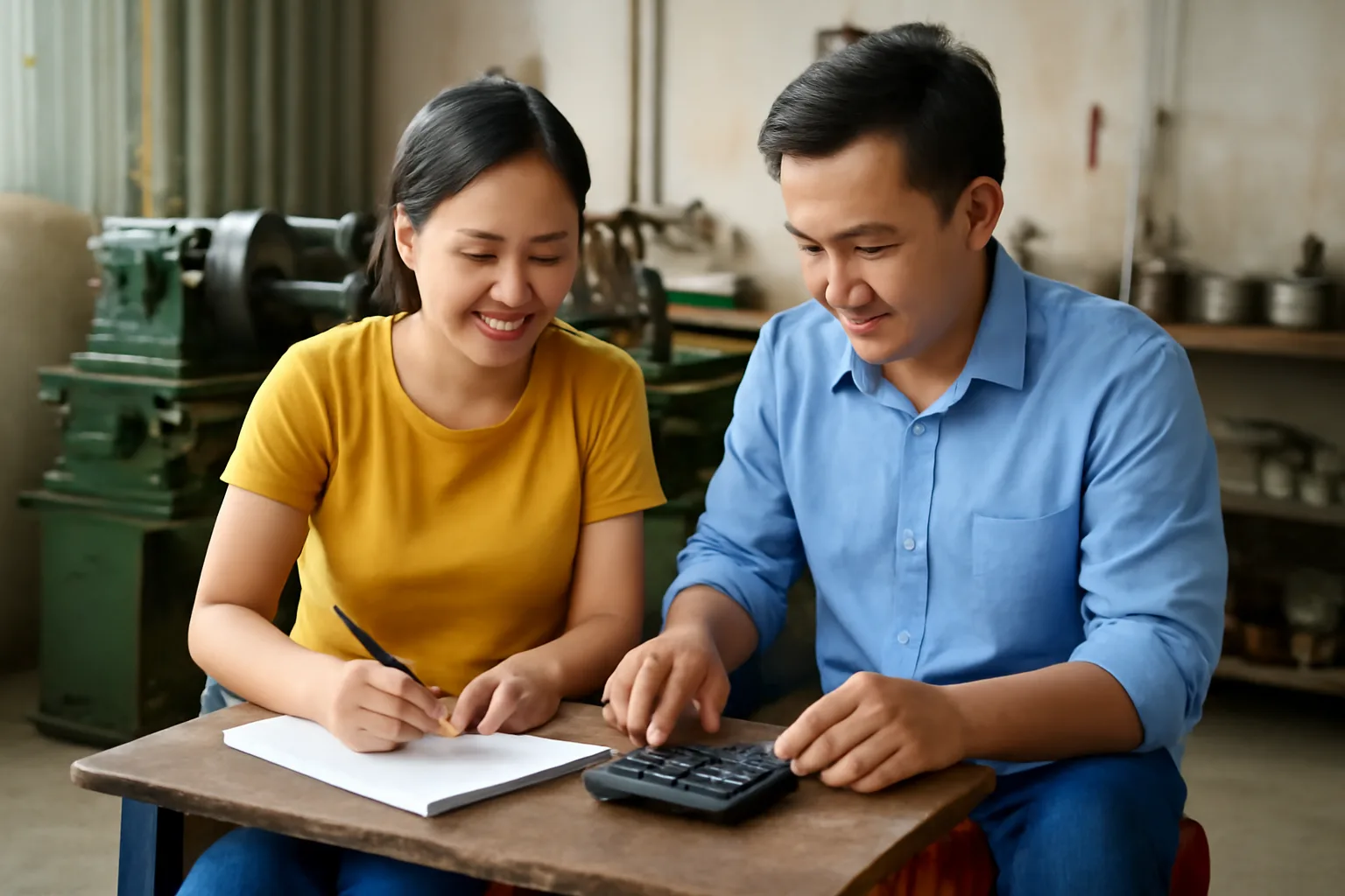 Hai vợ chồng chủ xưởng cơ khí nhỏ ngồi tính toán dòng tiền bên bàn thợ với máy tính bỏ túi và sổ tay