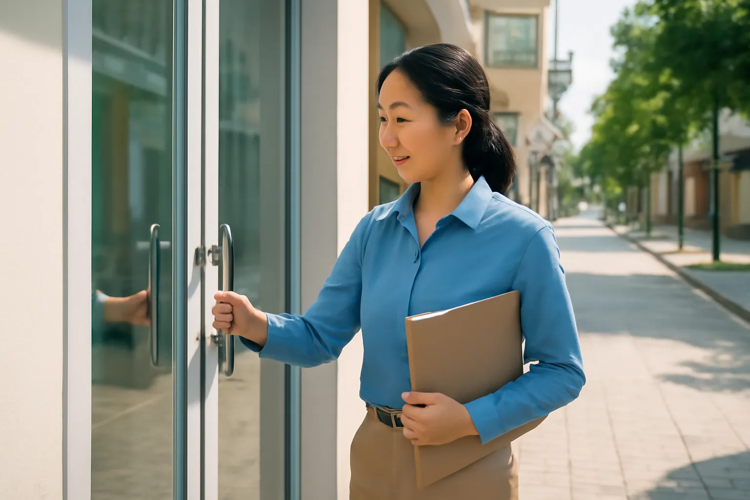Chủ doanh nghiệp mở cửa văn phòng nhỏ tầng trệt vào buổi sáng, tay cầm cặp hồ sơ