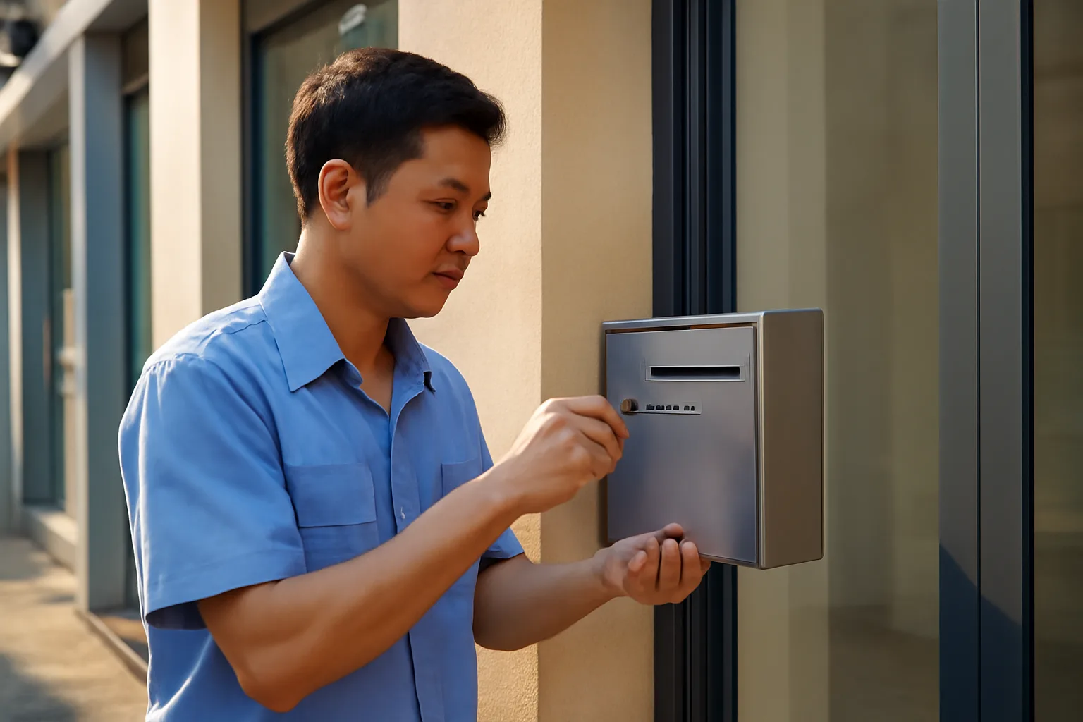 Chủ doanh nghiệp đứng trước cửa văn phòng nhỏ, đang gắn hộp thư mới cạnh cửa ra vào