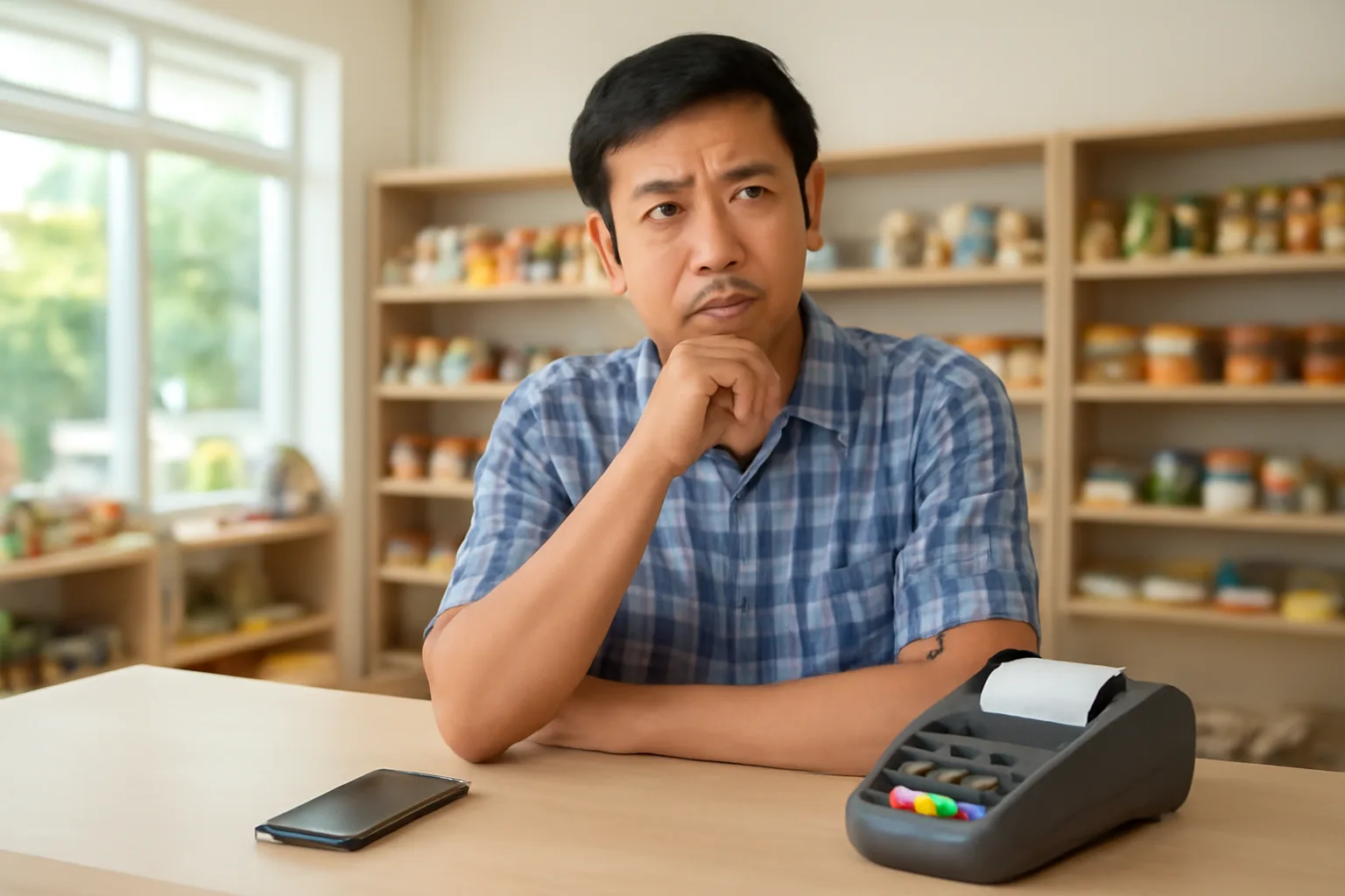 Chủ cửa hàng đứng sau quầy, điện thoại úp trên mặt quầy cạnh máy in hoá đơn và máy quẹt thẻ