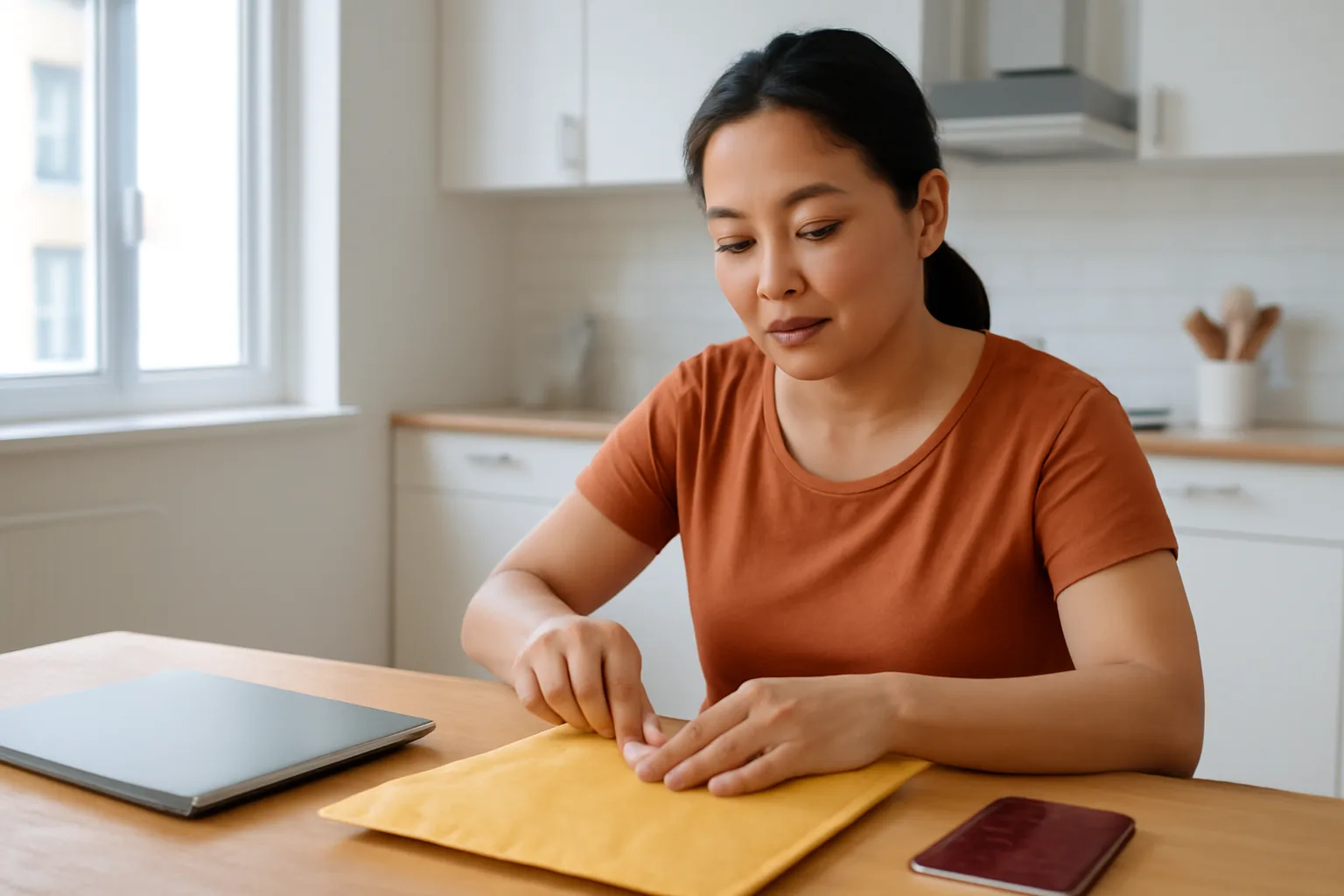 Người Việt ở nước ngoài ngồi bên bàn ăn trong căn hộ, sắp xếp phong bì hồ sơ gửi về Việt Nam