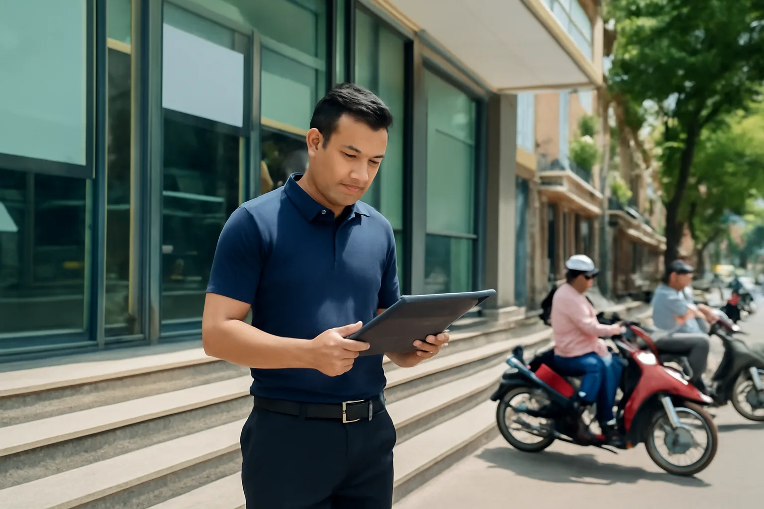 Chủ doanh nghiệp dừng lại trên bậc thềm trước cửa một chi nhánh ngân hàng, tay cầm cặp hồ sơ