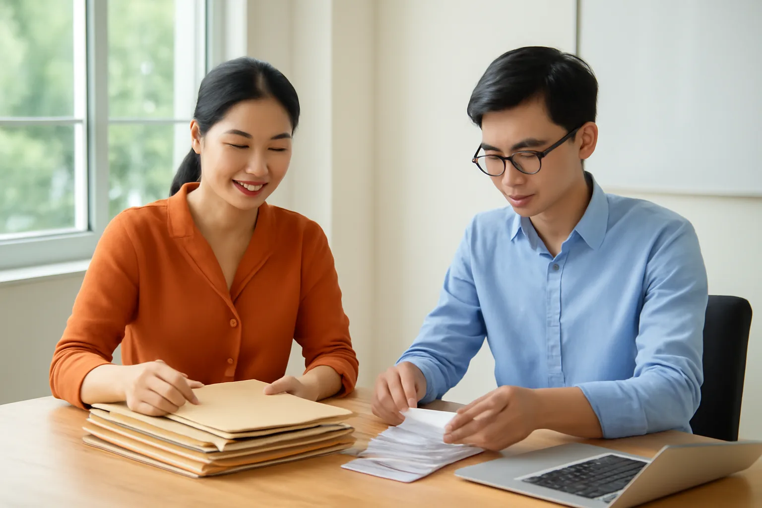 Chủ doanh nghiệp và kế toán cùng rà lại hồ sơ thuế cũ trong văn phòng sáng sủa