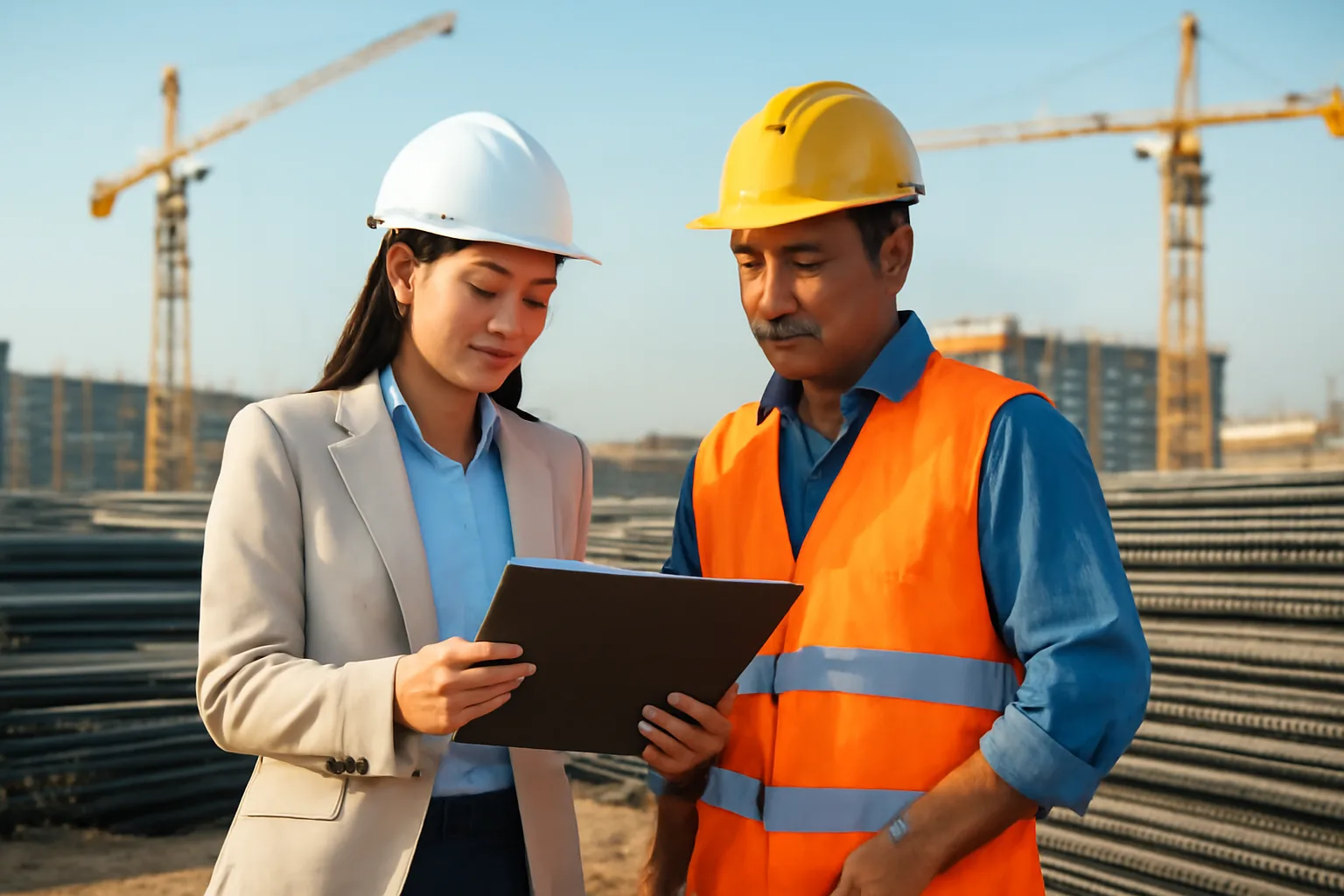 Người đại diện công ty xây dựng xem hồ sơ khoán cùng đội trưởng thi công tại công trường