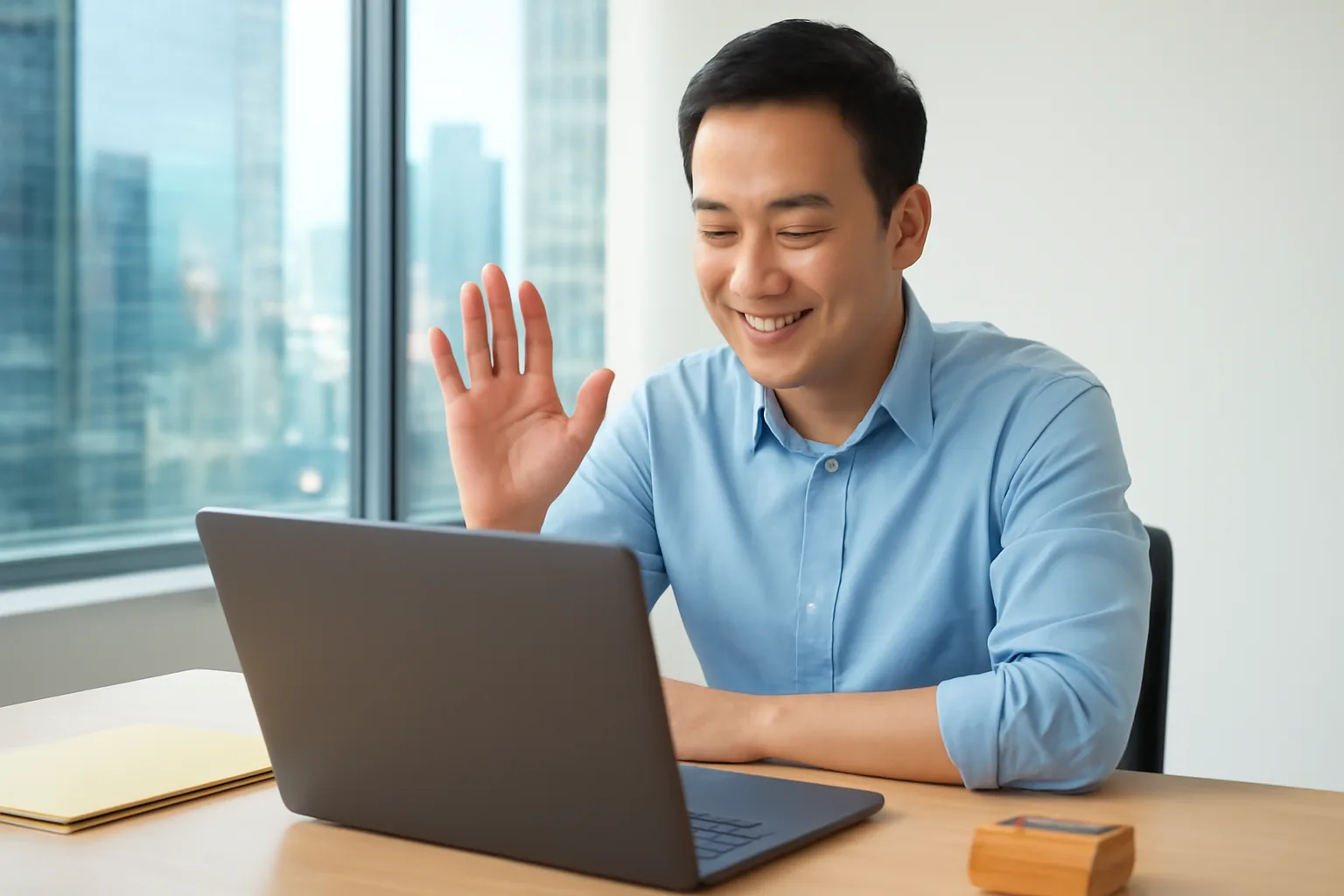 Người đại diện là người Việt họp trực tuyến với nhà đầu tư nước ngoài trong văn phòng nhỏ