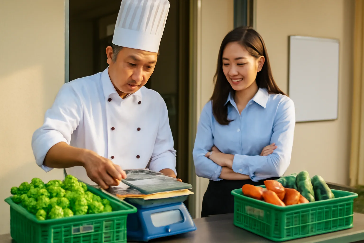 Bếp trưởng và quản lý kiểm hàng rau thịt giao buổi sáng ở cửa sau nhà hàng