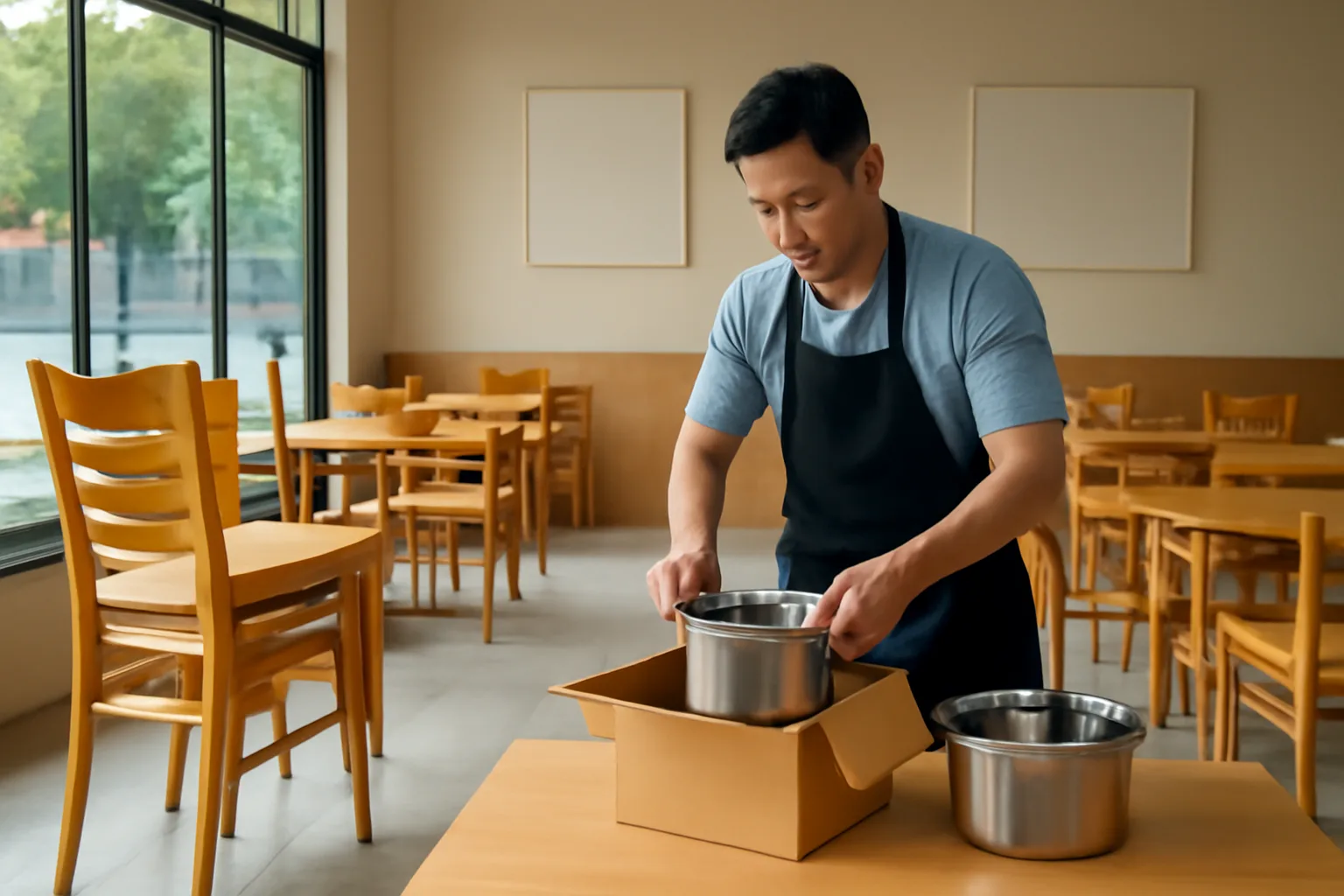 Chủ nhà hàng xếp ghế và thiết bị bếp vào thùng trong mặt bằng đã dọn trống