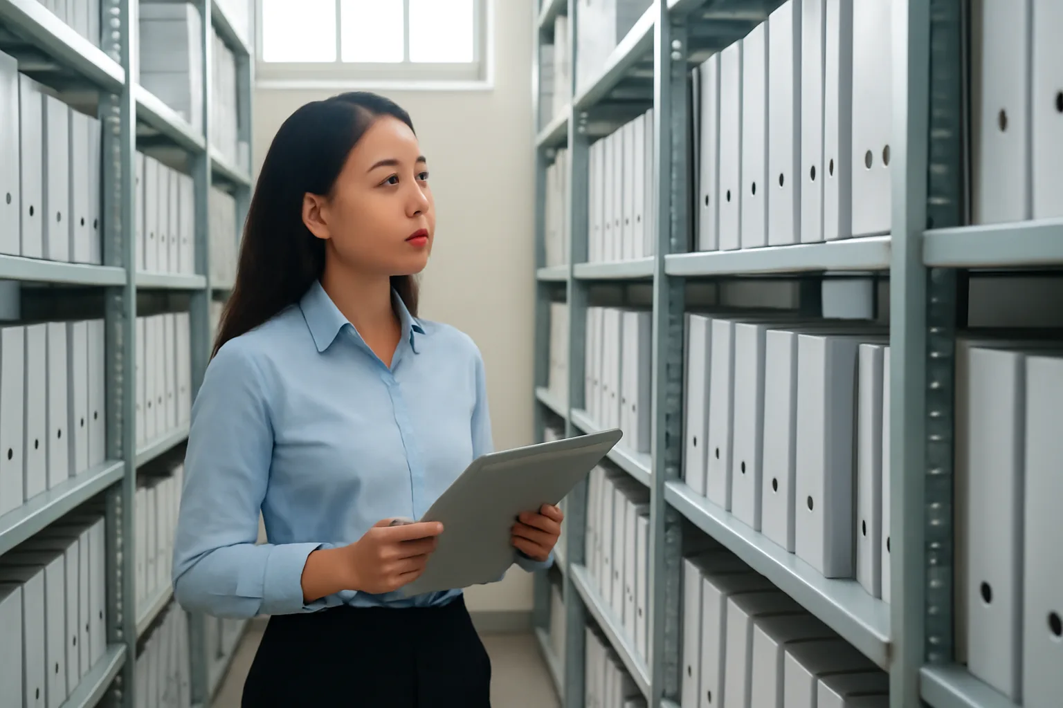 Nhân viên kế toán trẻ đứng trong phòng lưu trữ nhìn các kệ hồ sơ còn nhiều khoảng trống