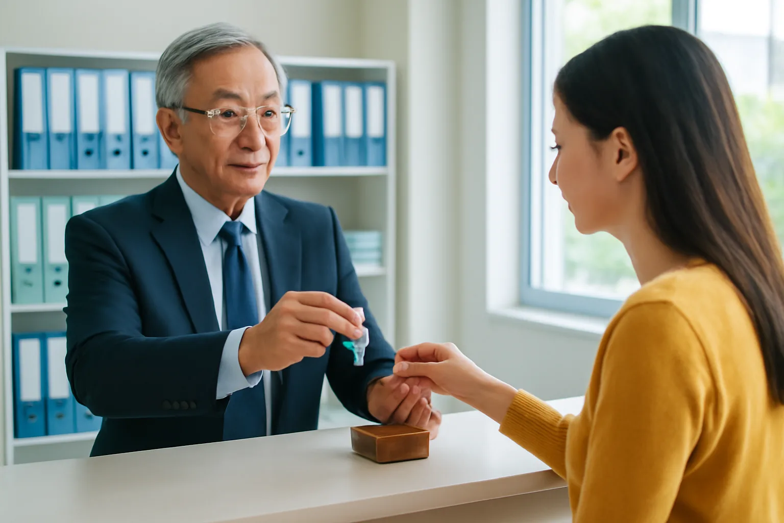 Chủ cũ trao chìa khoá và hộp con dấu cho chủ mới tại quầy lễ tân văn phòng