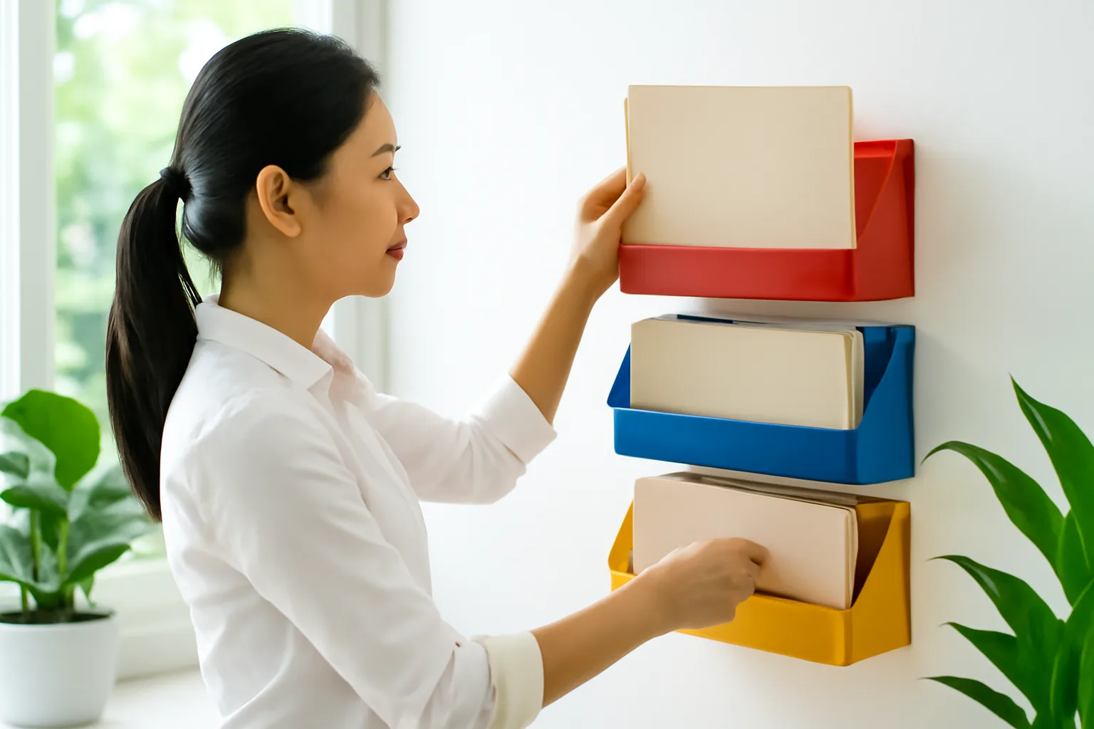 Nhân viên văn phòng xếp các bìa hồ sơ vào ba khay màu khác nhau trên kệ tường