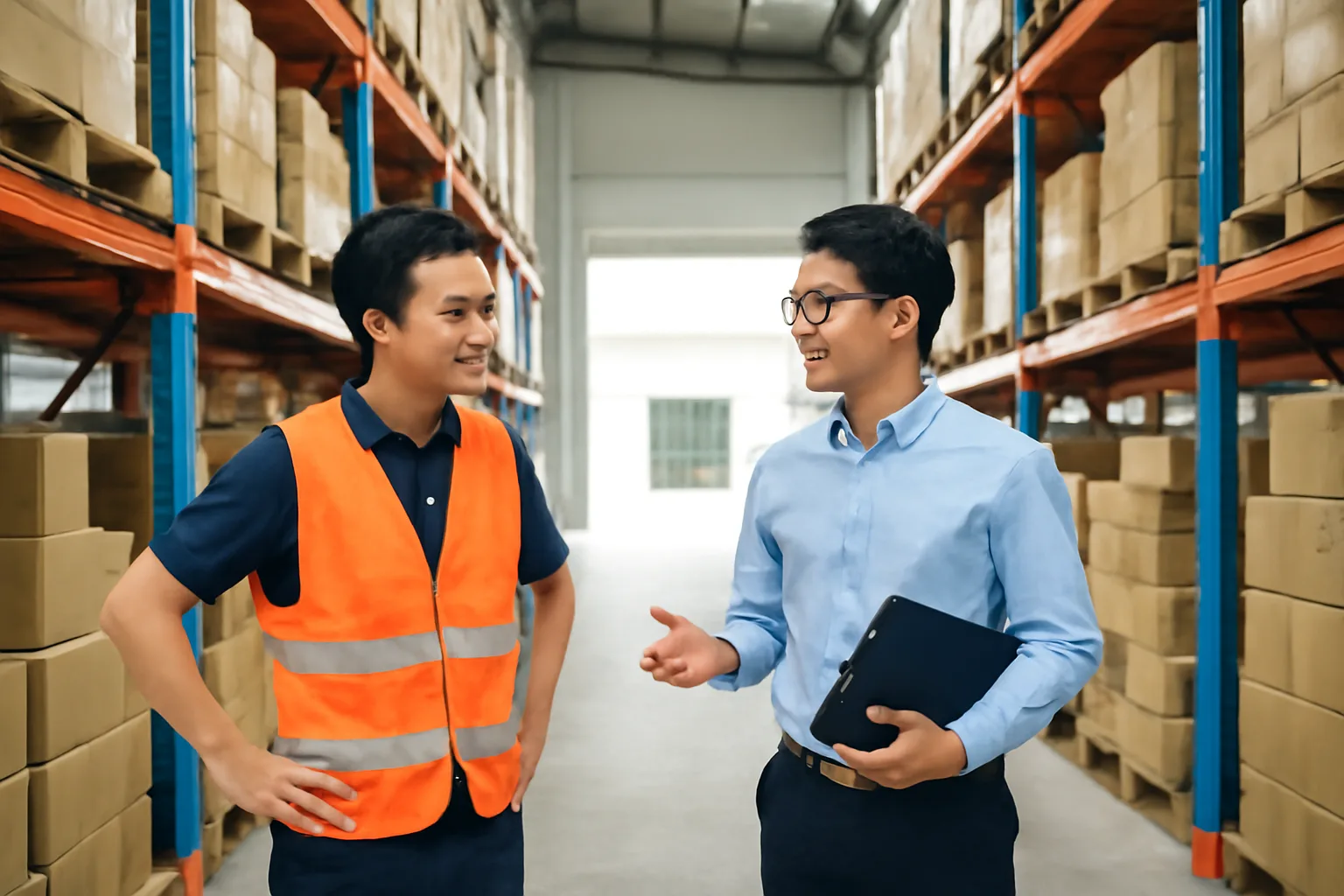 Chủ kho hàng đứng giữa các kệ hàng trao đổi với người tư vấn thuế cầm cặp hồ sơ