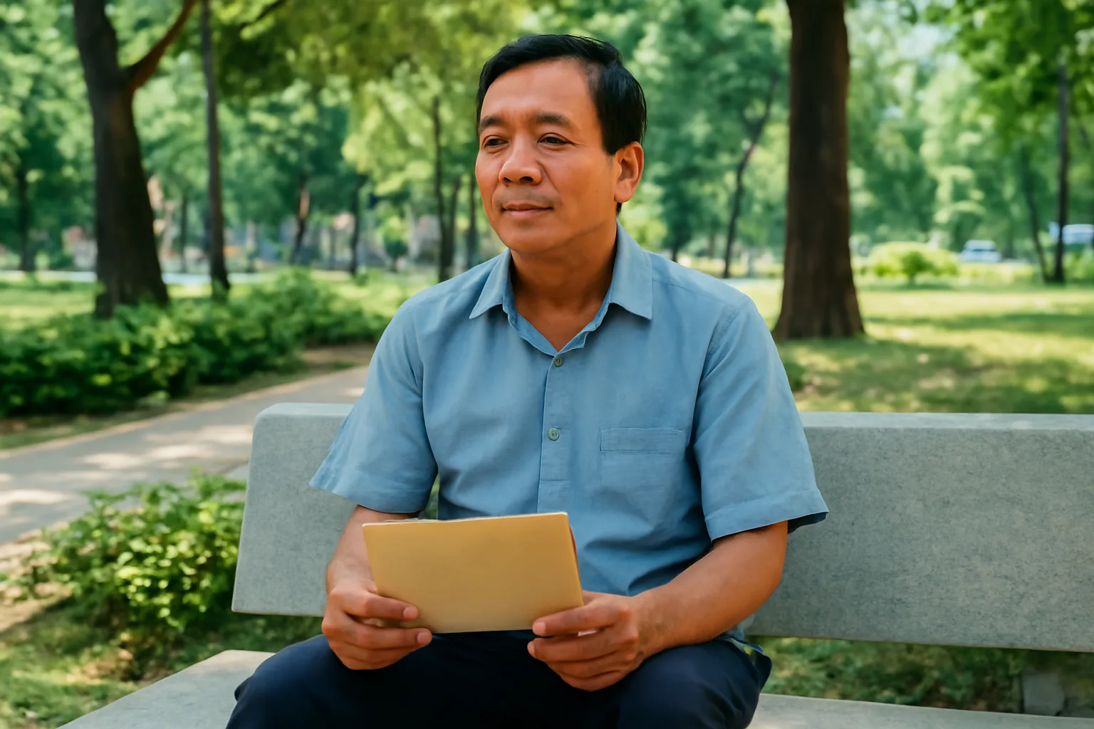 Người đàn ông trung niên ngồi trên ghế đá công viên, cầm phong bì chưa mở và điện thoại úp trên đùi