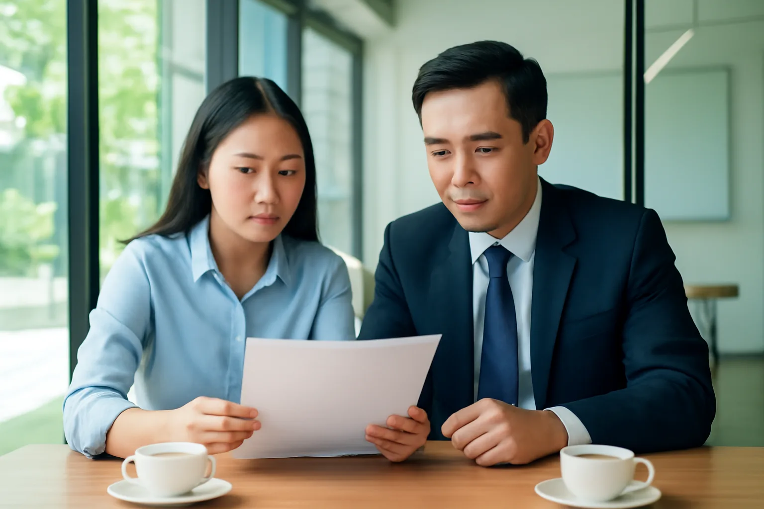 Giám đốc và kế toán trưởng ngồi đọc kỹ một quyết định trong phòng họp nhỏ, bên cạnh là bút và cốc trà